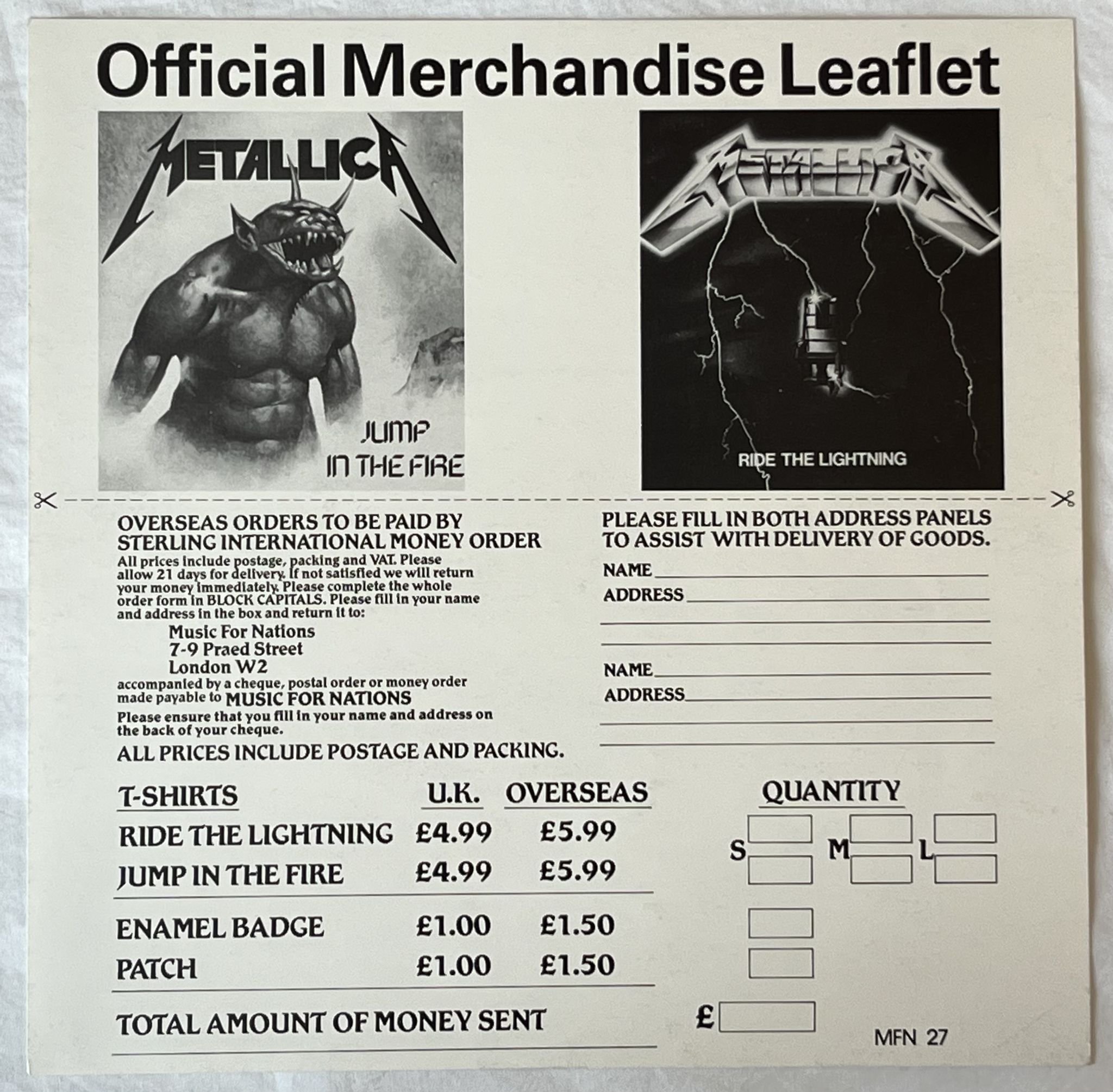 Omslagsbild för skivan METALLICA ride the lightning LP -84 UK MUSIC FOR NATIONS MFN 27