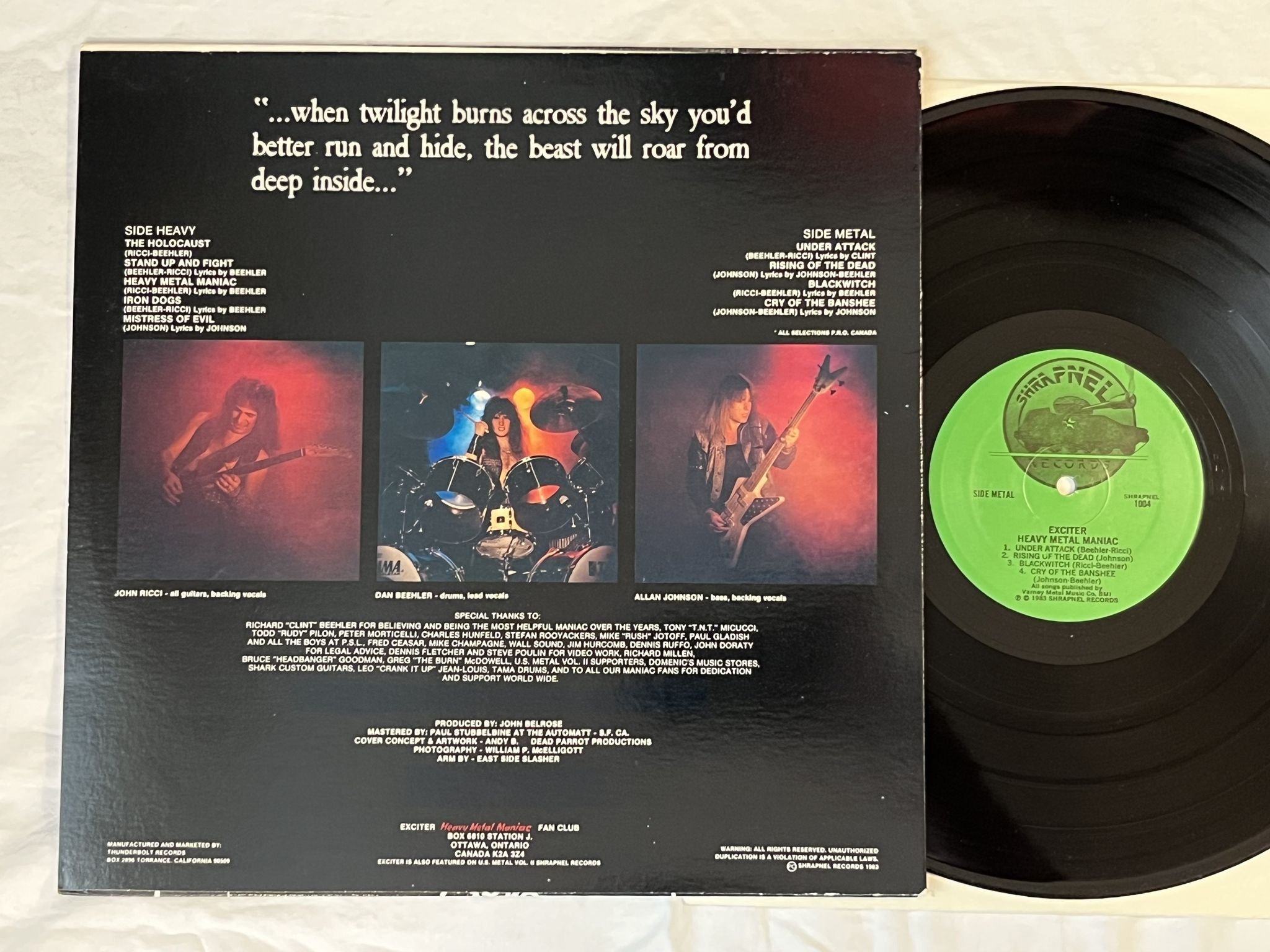 Omslagsbild för skivan EXCITER heavy metal maniac LP -83 US SHRAPNEL 1004 *** SPEED METAL ***