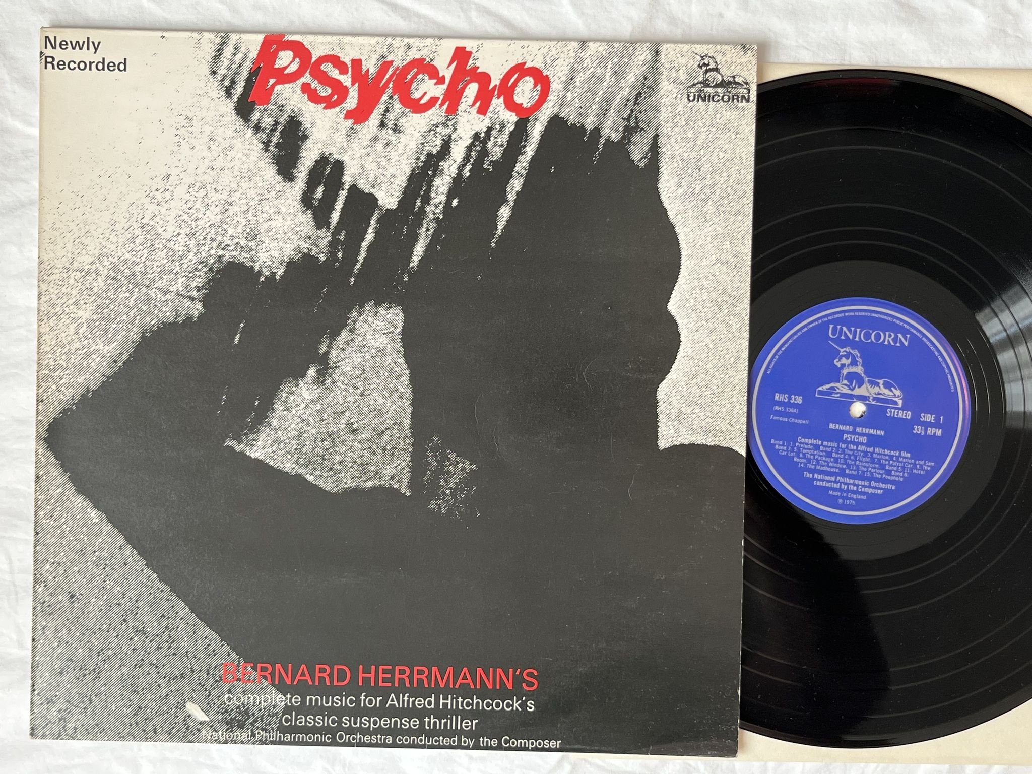 Omslagsbild för skivan BERNARD HERRMANN psycho LP -75 UK UNICORN RHS 336