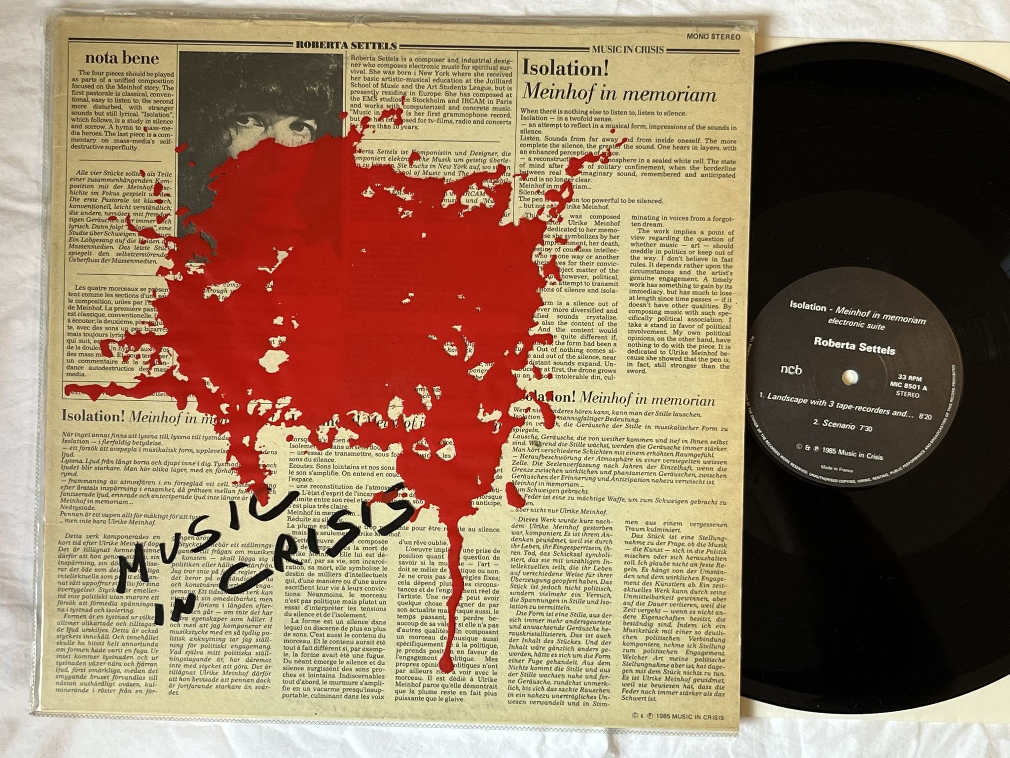 Omslagsbild för skivan ROBERTA SETTELS Isolation! Meinhof In Memoriam LP -85 MUSIC IN CRISIS MIC 8501