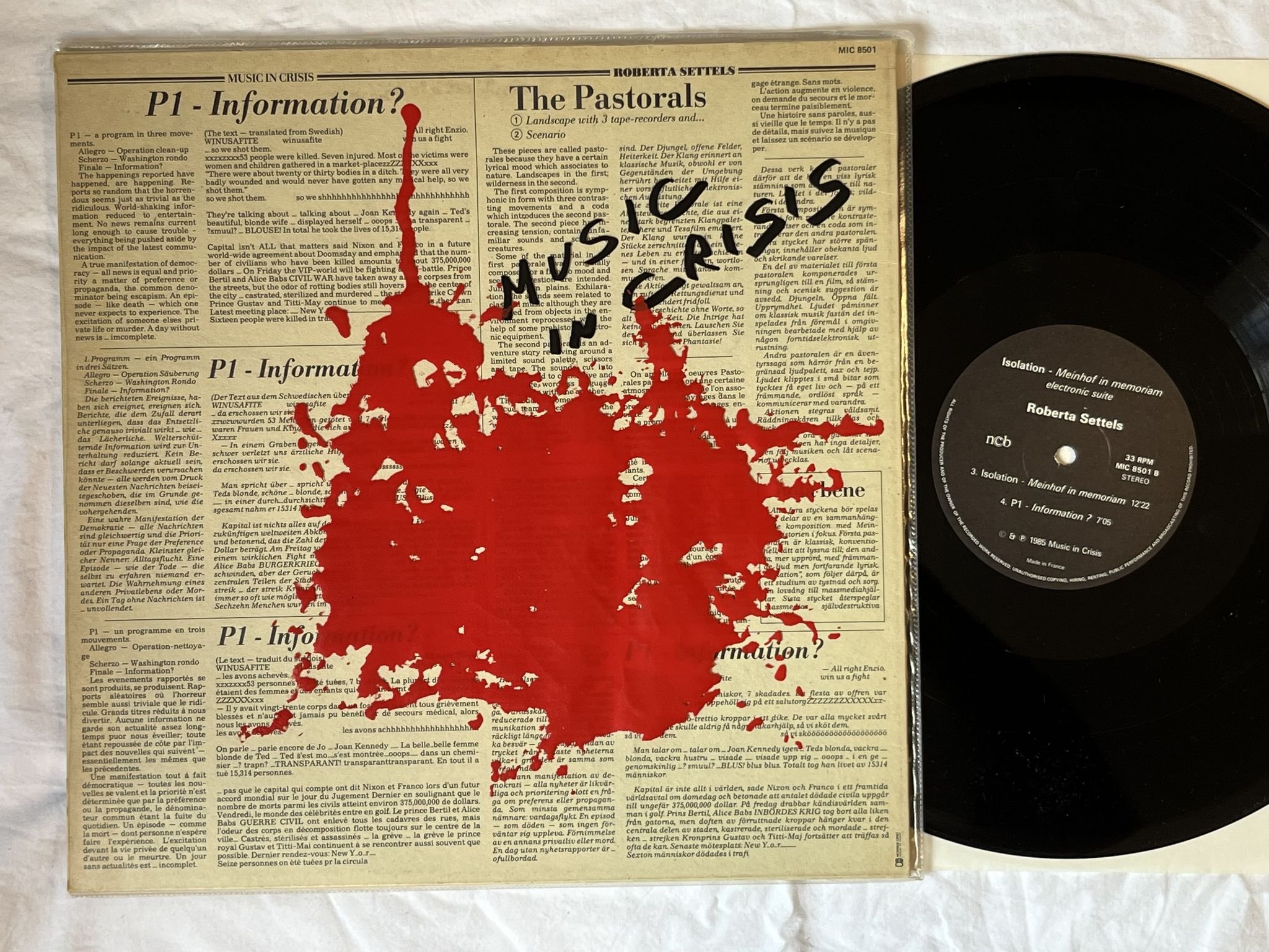 Omslagsbild för skivan ROBERTA SETTELS Isolation! Meinhof In Memoriam LP -85 MUSIC IN CRISIS MIC 8501