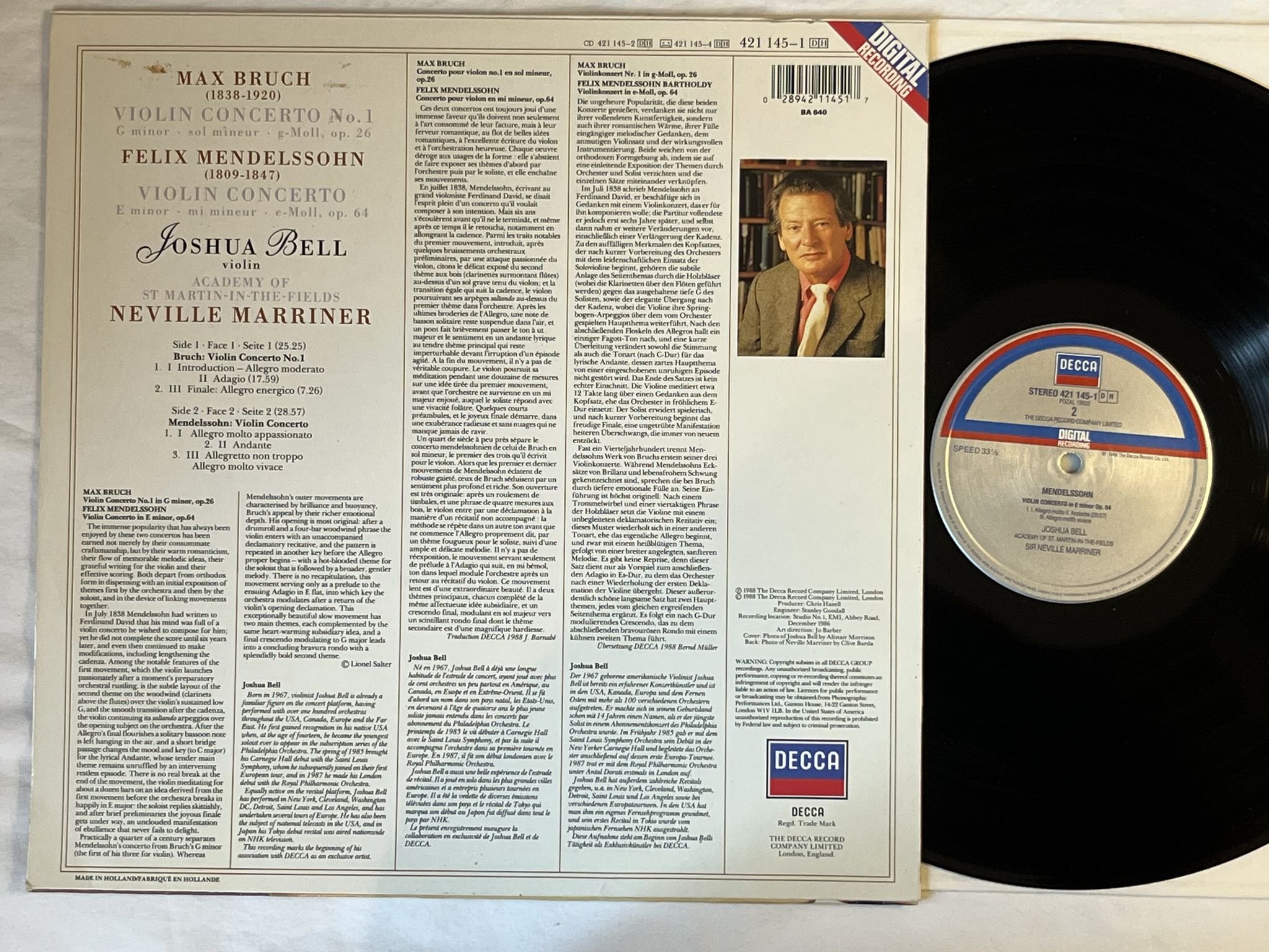Omslagsbild för skivan JOSHUA BELL Bruch Mendelssohn: violin concerto LP -88 Hol DECCA **SIGNED **