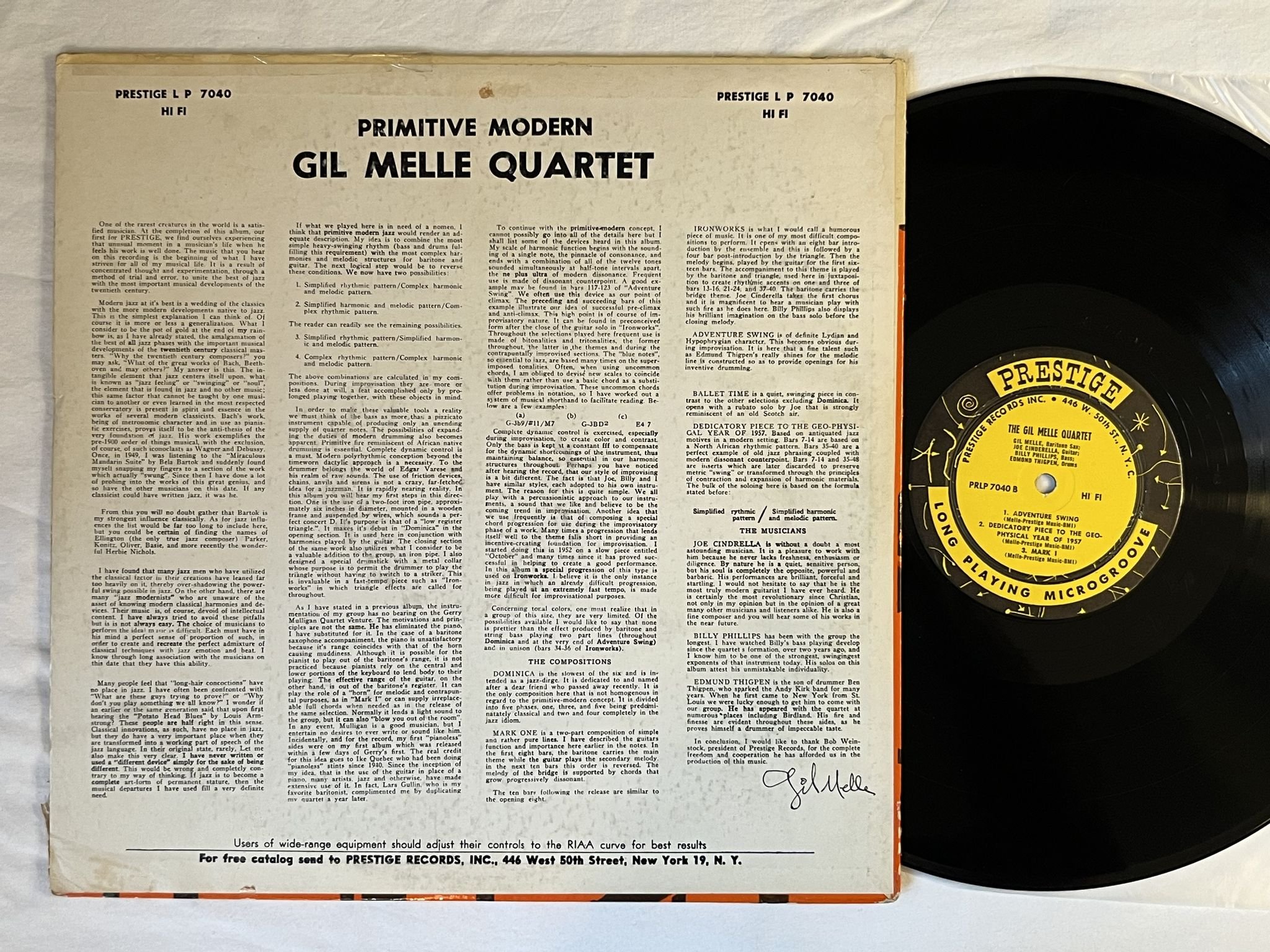 Omslagsbild för skivan GIL MELLE QUARTET plays primitive modern LP -56 US PRESTIGE PRLP 7040