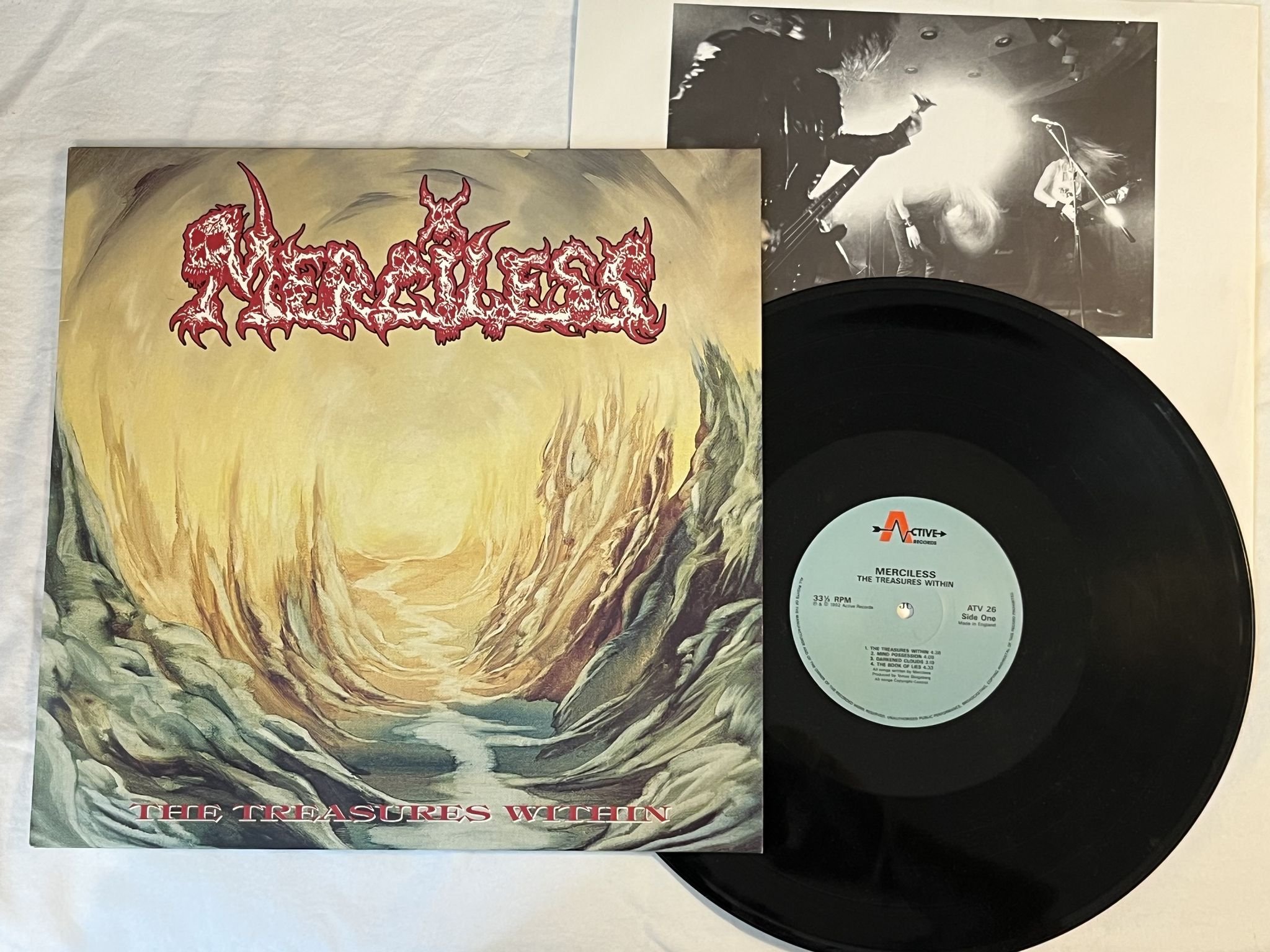 Omslagsbild för skivan MERCILESS the treasures within LP -92 UK ACTIVE ATV 26 *** RARE DEATH METAL ***