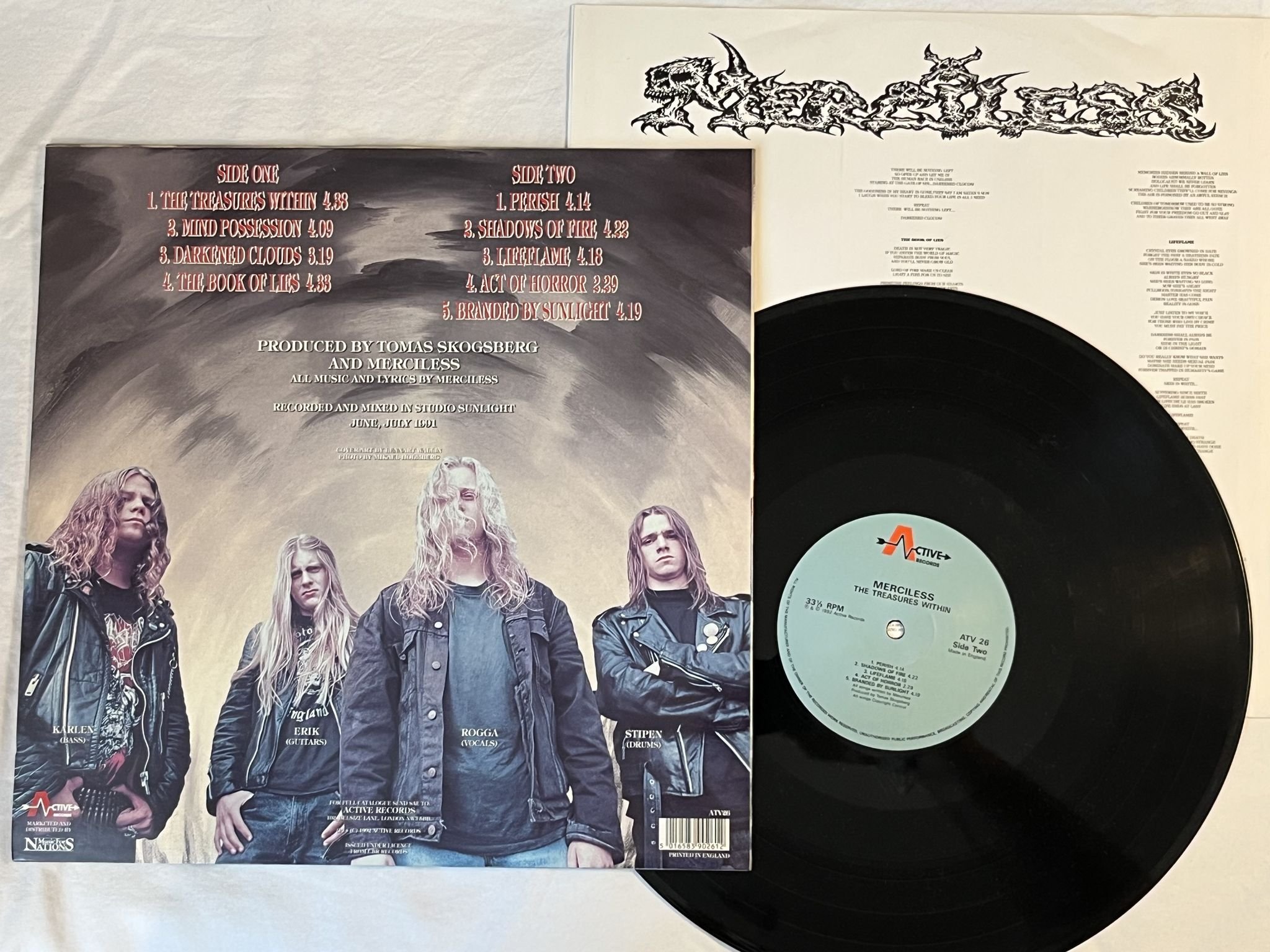 Omslagsbild för skivan MERCILESS the treasures within LP -92 UK ACTIVE ATV 26 *** RARE DEATH METAL ***
