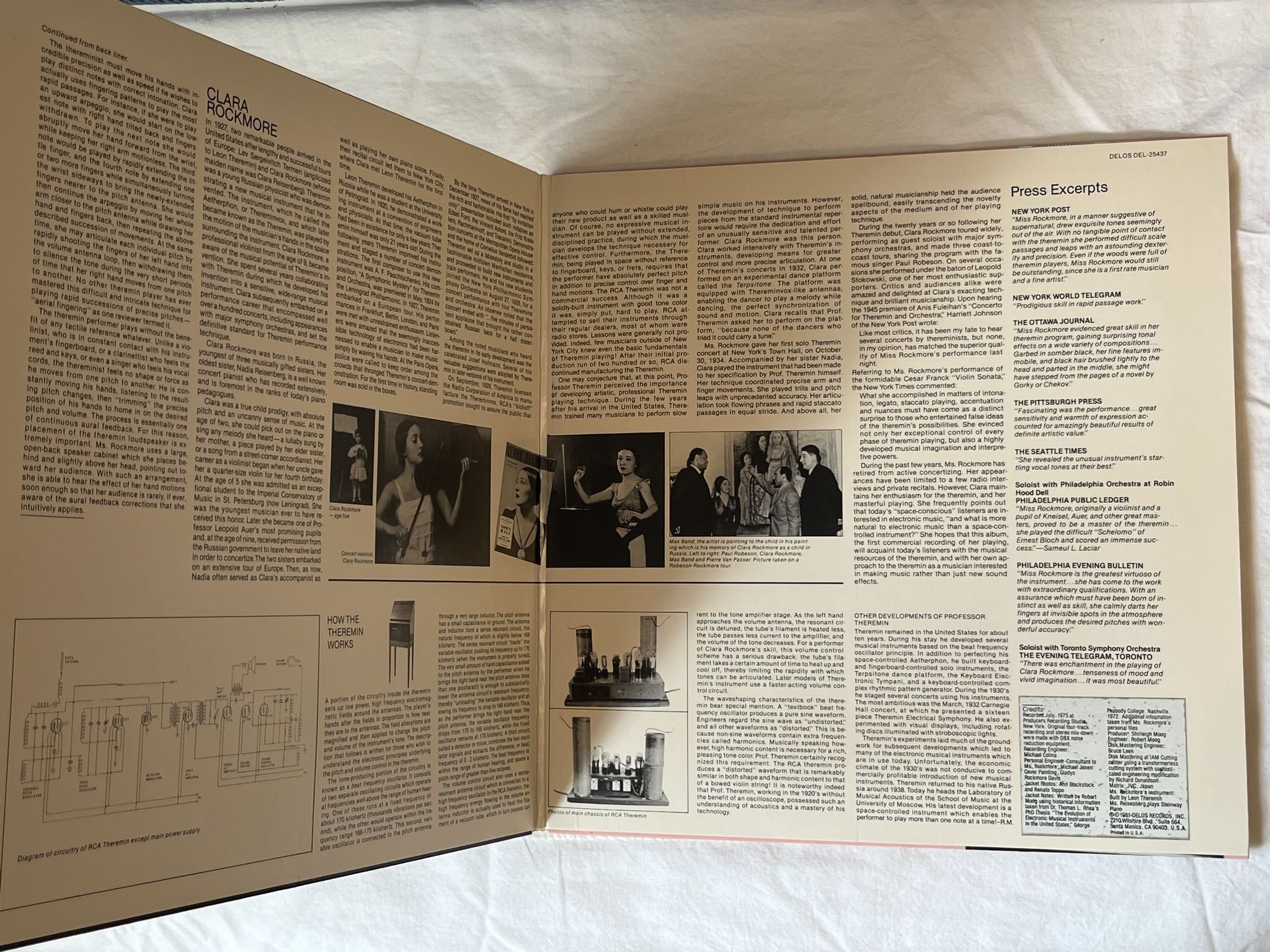 Omslagsbild för skivan CLARA ROCKMORE with NADIA REISENBERG theremin LP -81 Japan DELOS D/QA 25437