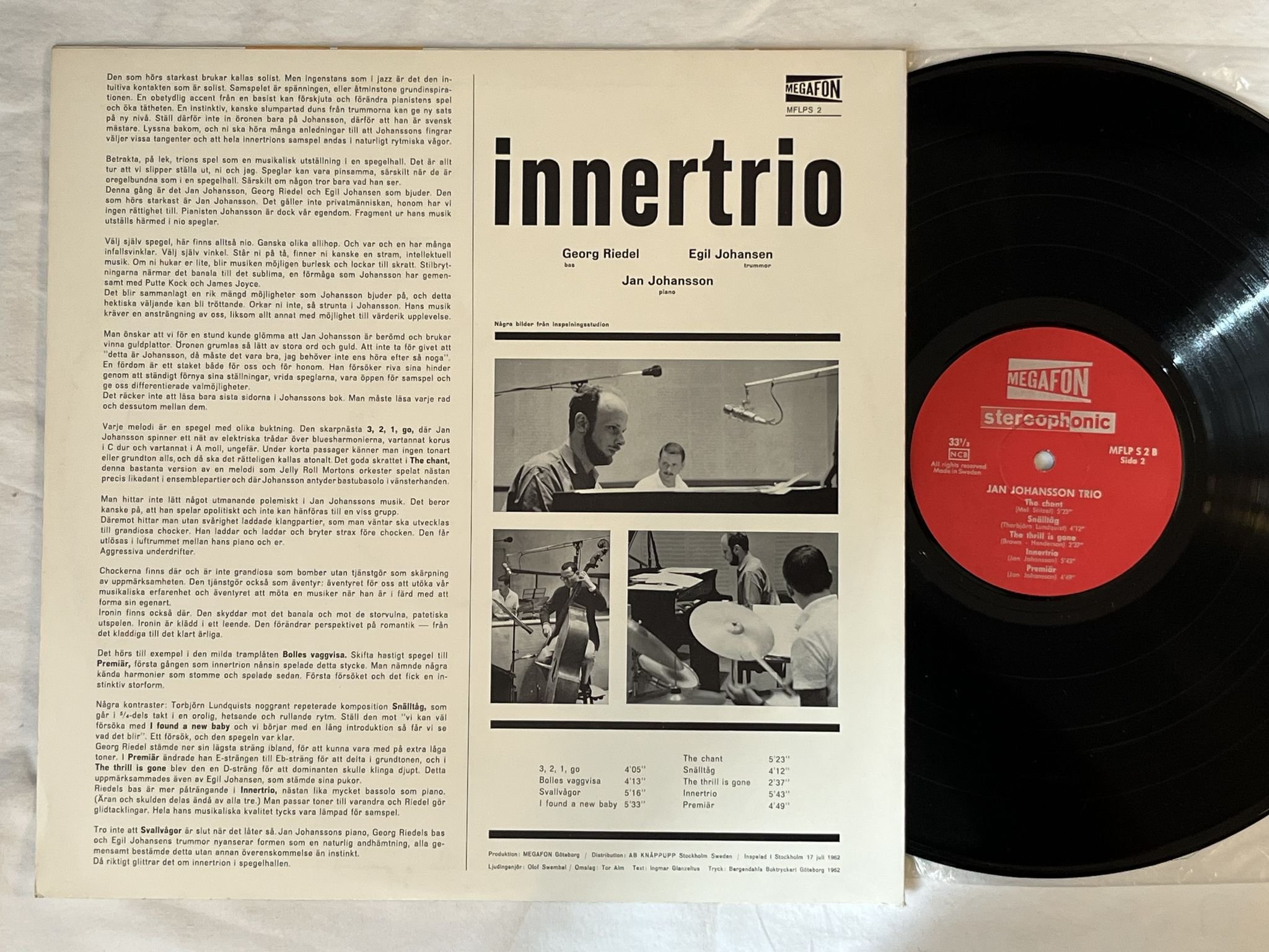Omslagsbild för skivan JAN JOHANSSON TRIO innertrio LP -62 MEGAFON MFLPS 2