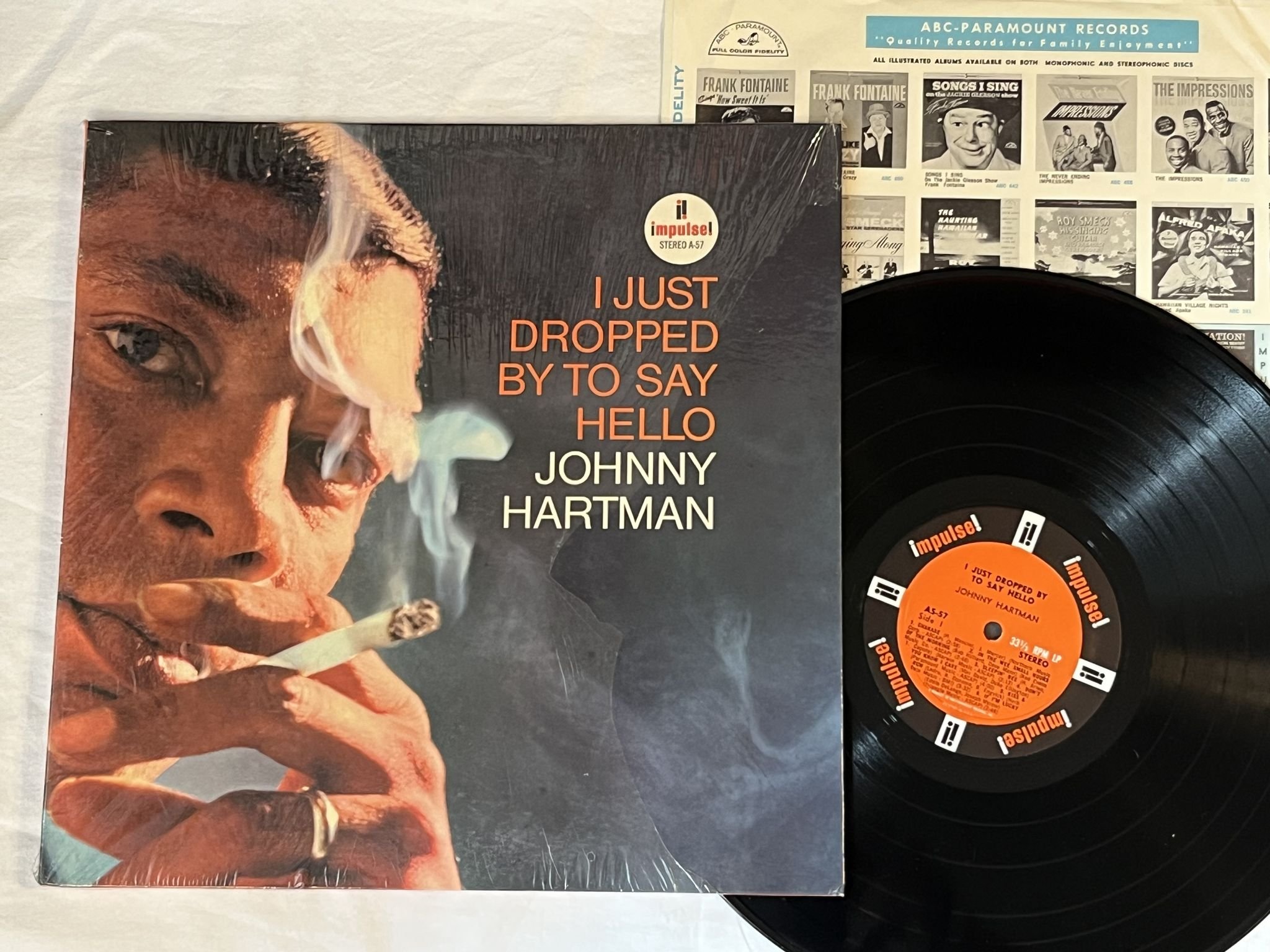 Omslagsbild för skivan JOHNNY HARTMAN Just Dropped By To Say Hello LP -64 US IMPULSE AS-57