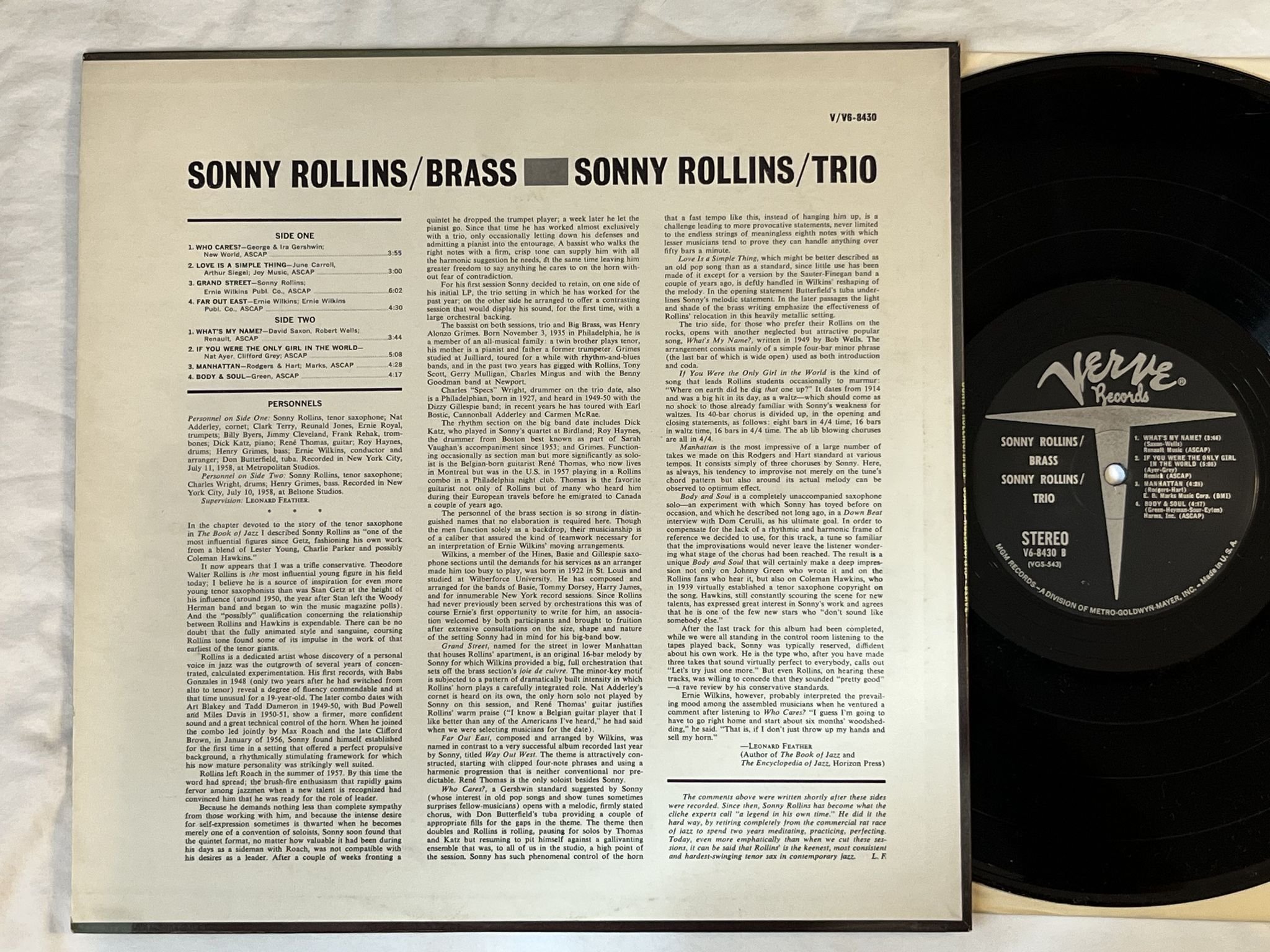 Omslagsbild för skivan SONNY ROLLINS Brass / trio LP -62 US VERVE V-8430
