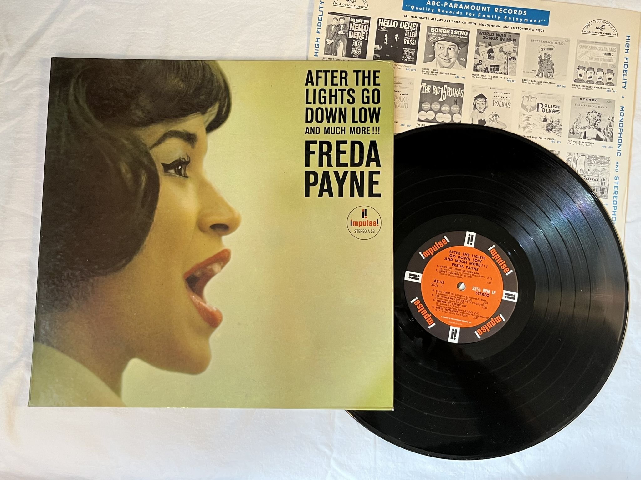 Omslagsbild för skivan FREDA PAYNE after lights go down low LP -63 US IMPULSE AS-53