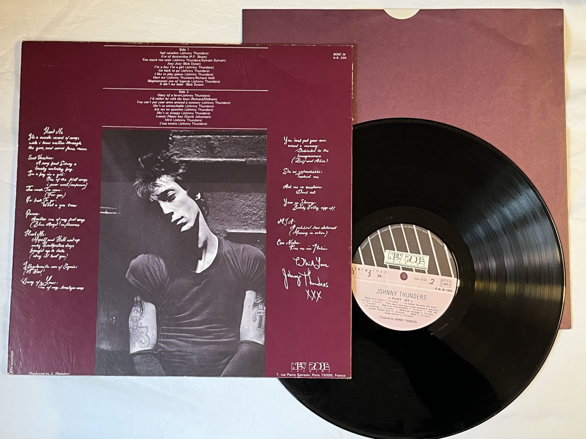 Omslagsbild för skivan JOHNNY THUNDER hurt me LP -83 Fra NEW ROSE rose 26