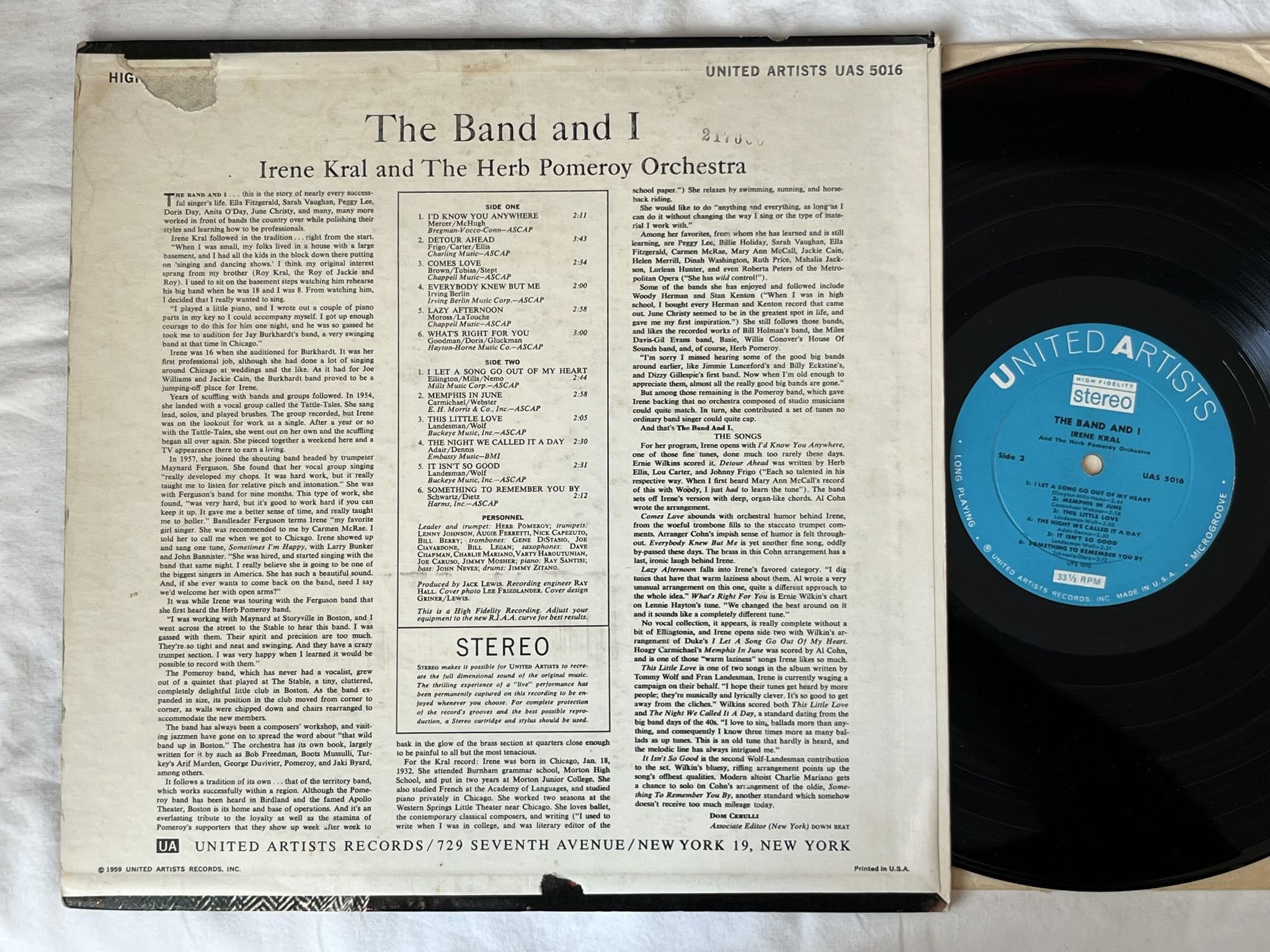 Omslagsbild för skivan IRENE KRAL the band and I LP -59 US UNITED ARTISTS UAS 5016