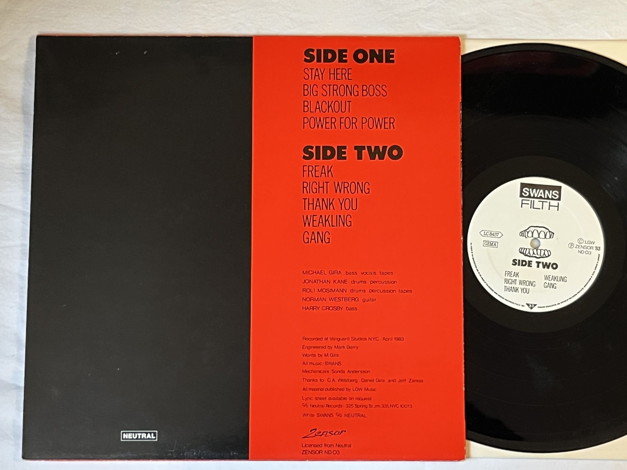 Omslagsbild för skivan SWANS filth LP -83 Ger ZENSOR ND 03 *** INDUSTRIAL / NOISE ***