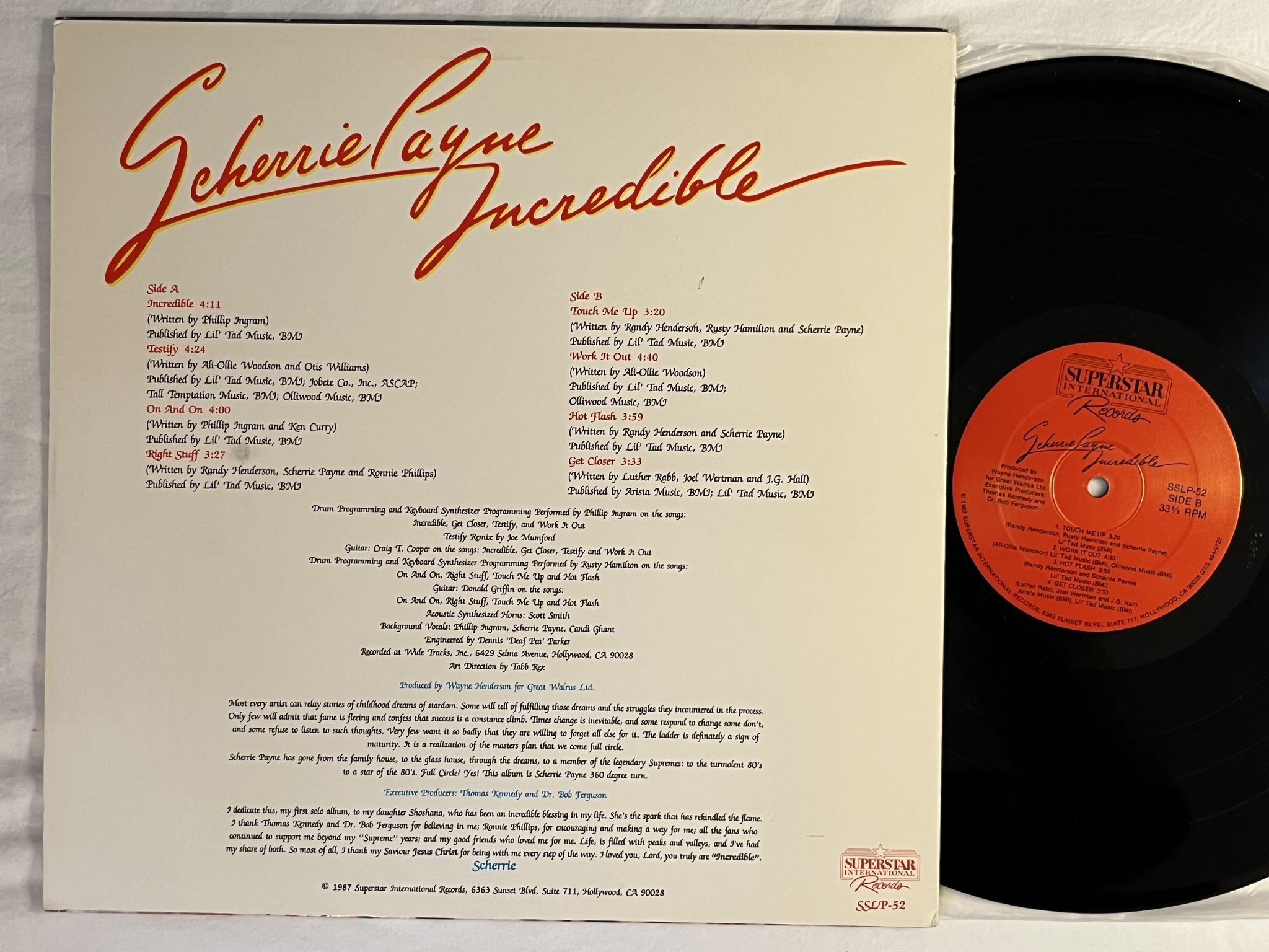 Omslagsbild för skivan SCHERRIE PAYNE INCREDIBLE LP -87 US SUPERSTAR SSLP-52 *** RARE BOOGIE ***