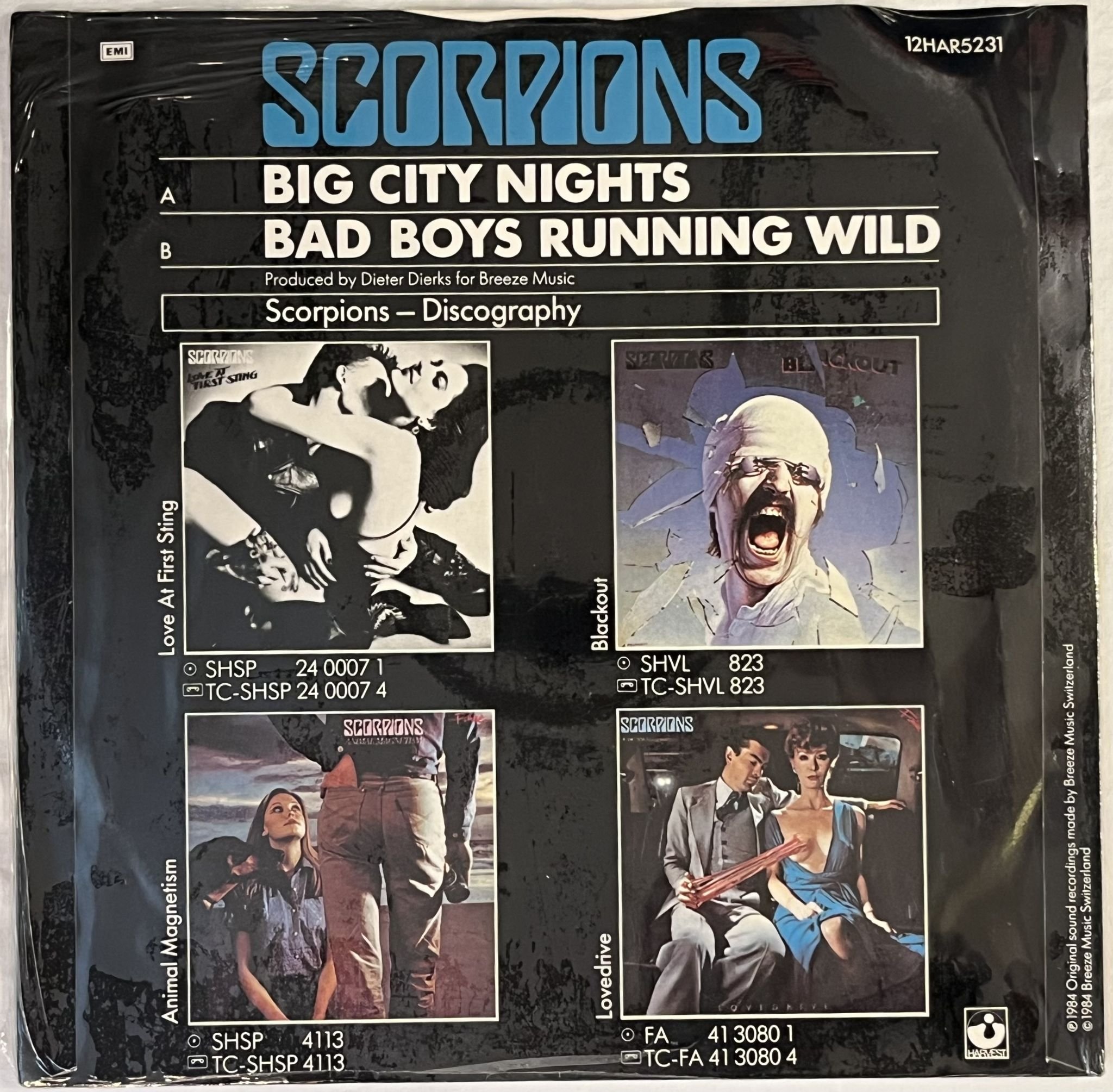 Omslagsbild för skivan SCORPIONS big city nights 12" -84 HARVEST 12HAR5231 ** Sealed w/ Tour Patch **