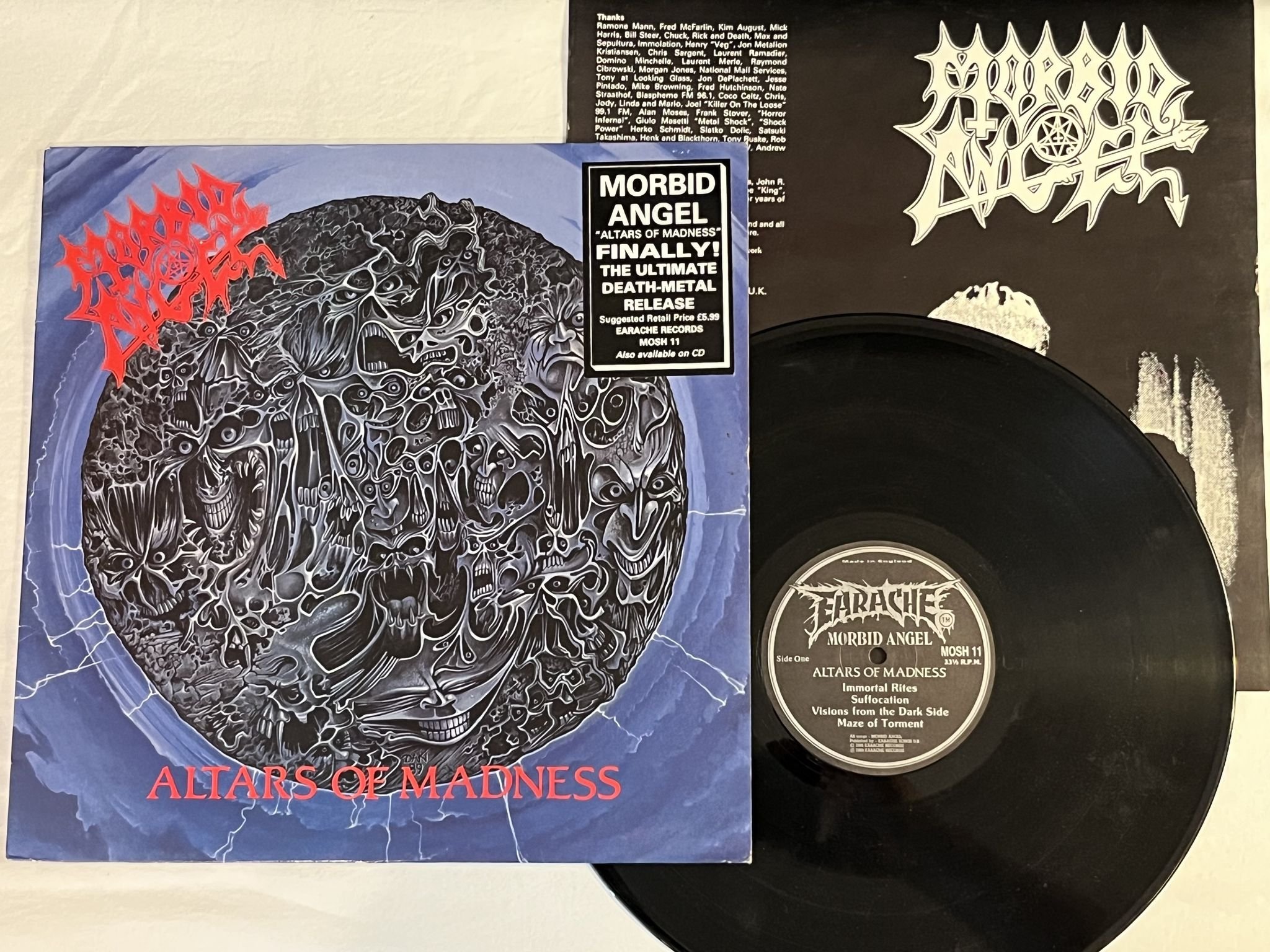 Omslagsbild för skivan MORBID ANGEL altars of madness LP -89 UK EARACHE MOSH 11 *** DEATH METAL **