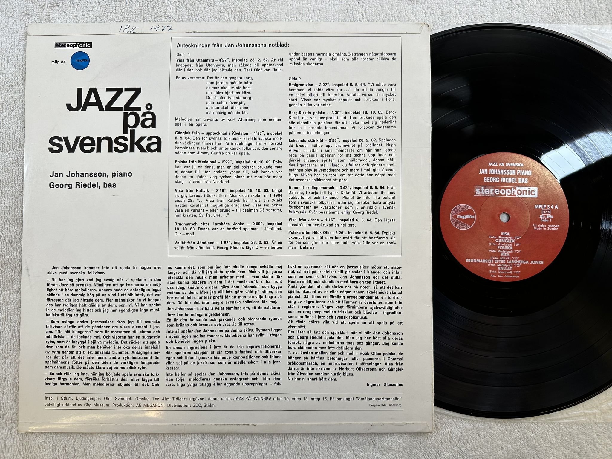 Omslagsbild för skivan JAN JOHANSSON jazz på svenska LP -64 Swe MEGAFON MFLP S4