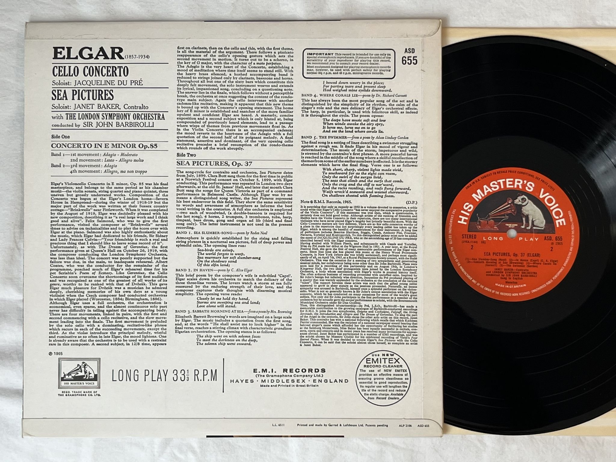 Omslagsbild för skivan JACQUELINE DU PRE Elgar: cello concerto LP -65 UK HMV ASD 655