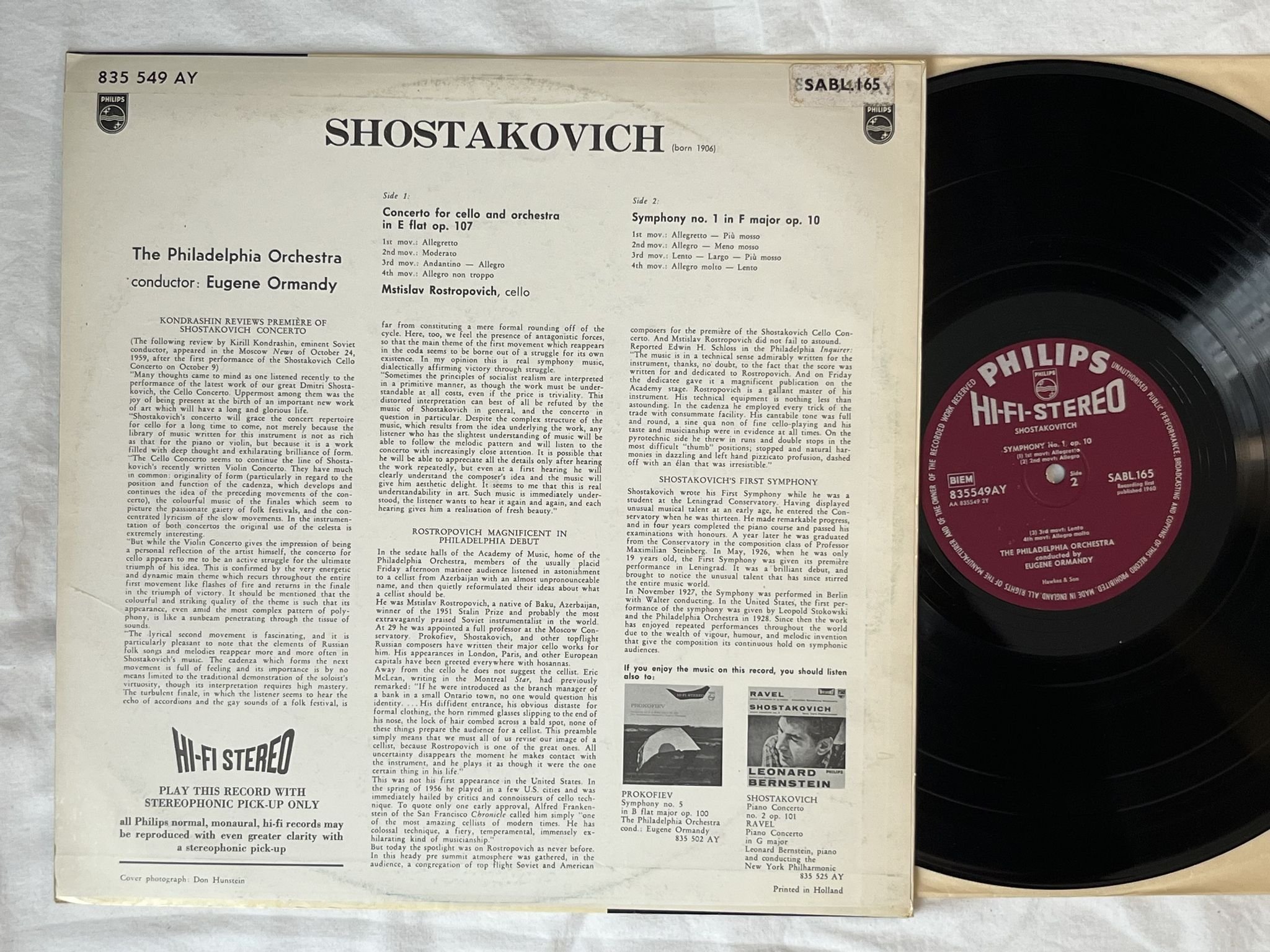 Omslagsbild för skivan EUGENE ORMANDY Shostakovitch: symphonie No 1 LP -60 UK PHILIPS SABL 165