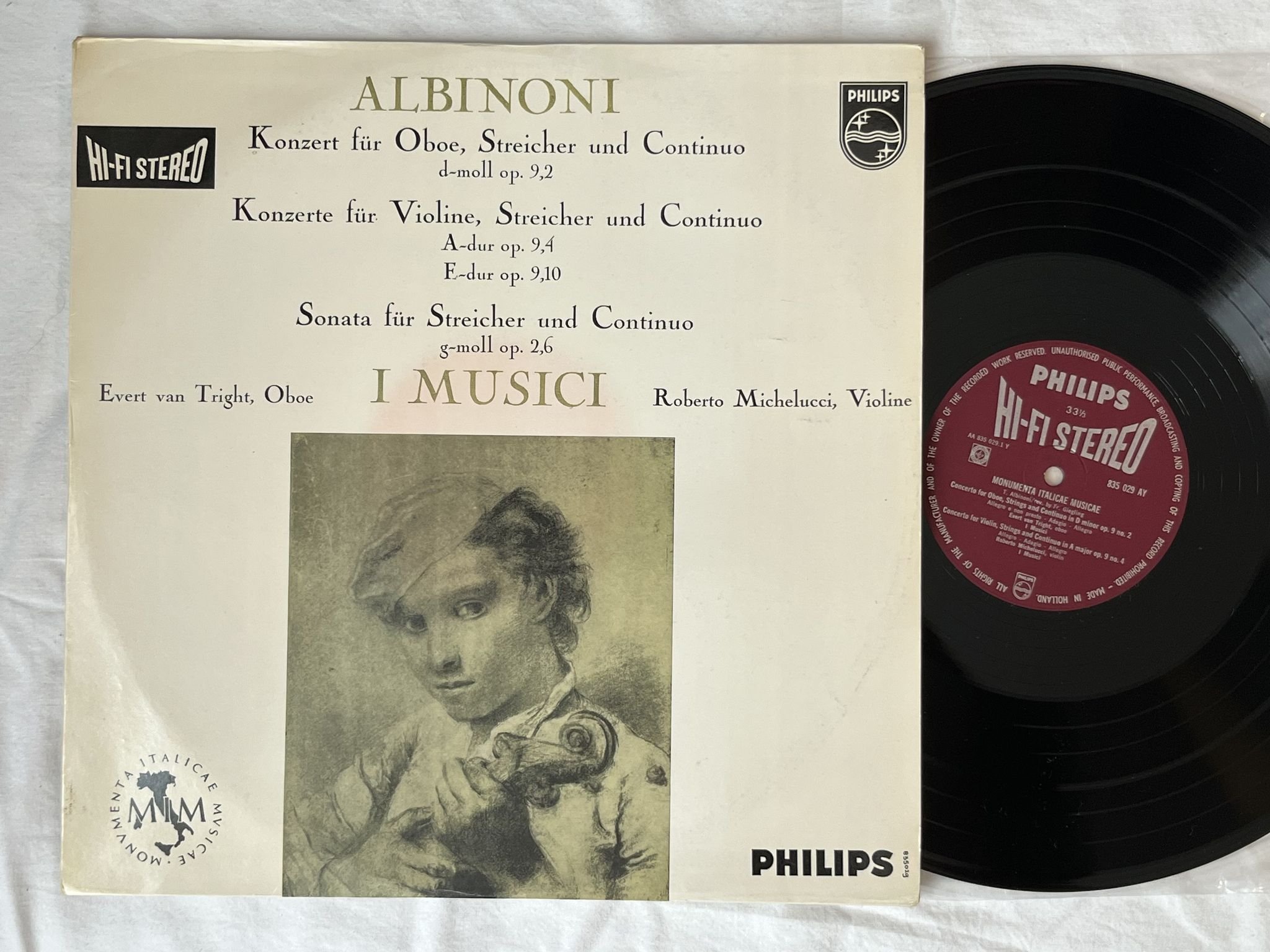 Omslagsbild för skivan I MUSICI Albinoni: vilolin concert LP -60 Hol PHILIPS hi-fi 835 029 AY