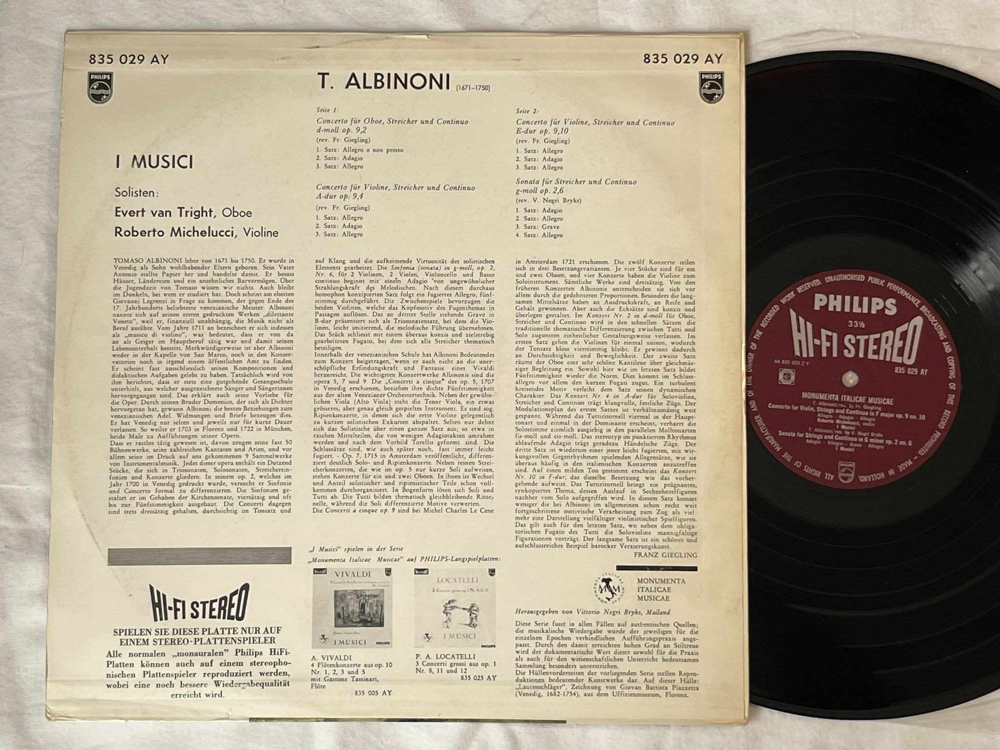 Omslagsbild för skivan I MUSICI Albinoni: vilolin concert LP -60 Hol PHILIPS hi-fi 835 029 AY