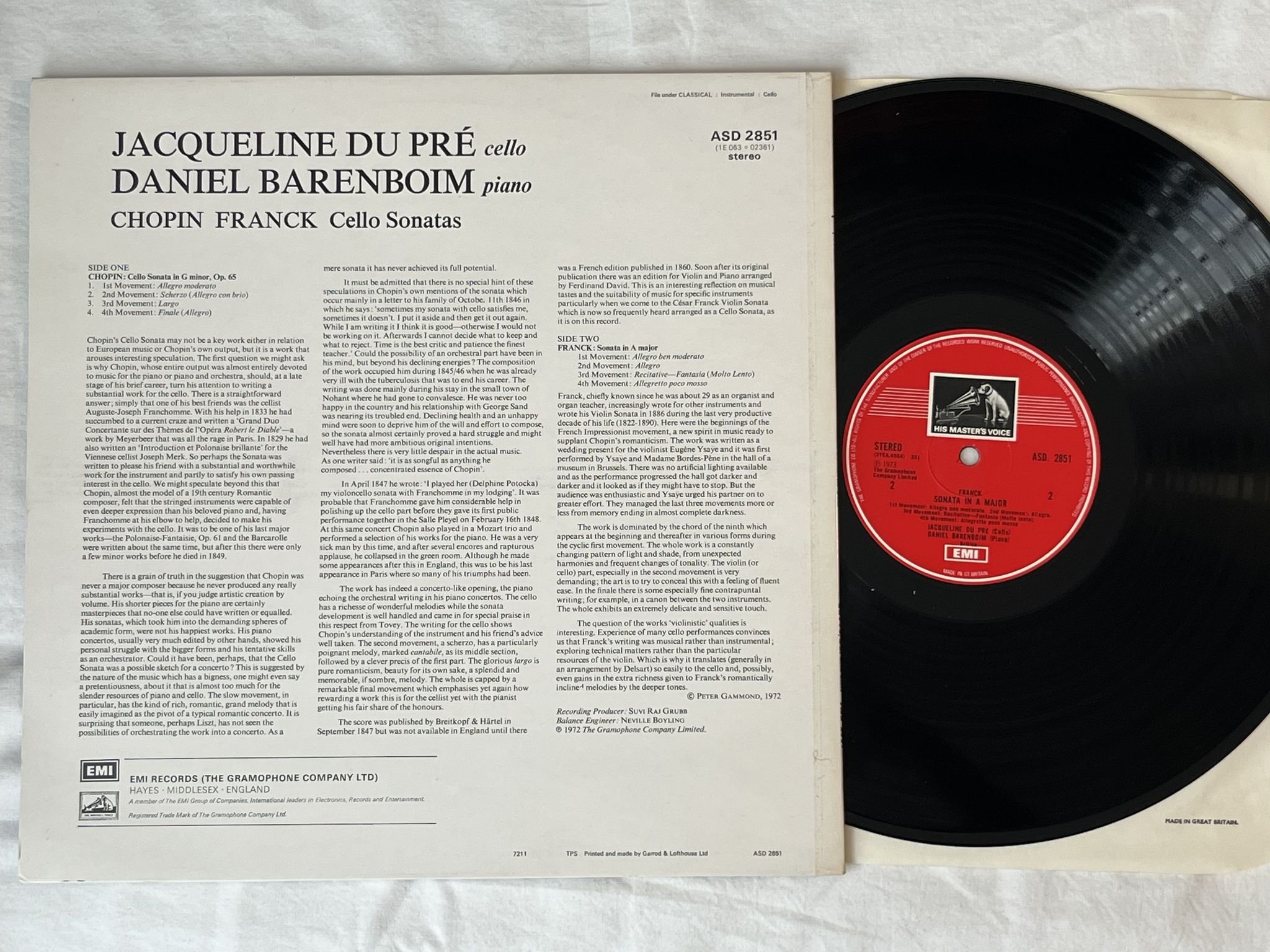 Omslagsbild för skivan JACQUELINE DU PRE Franck: cello sonatas LP -73 UK HMV ASD 2851