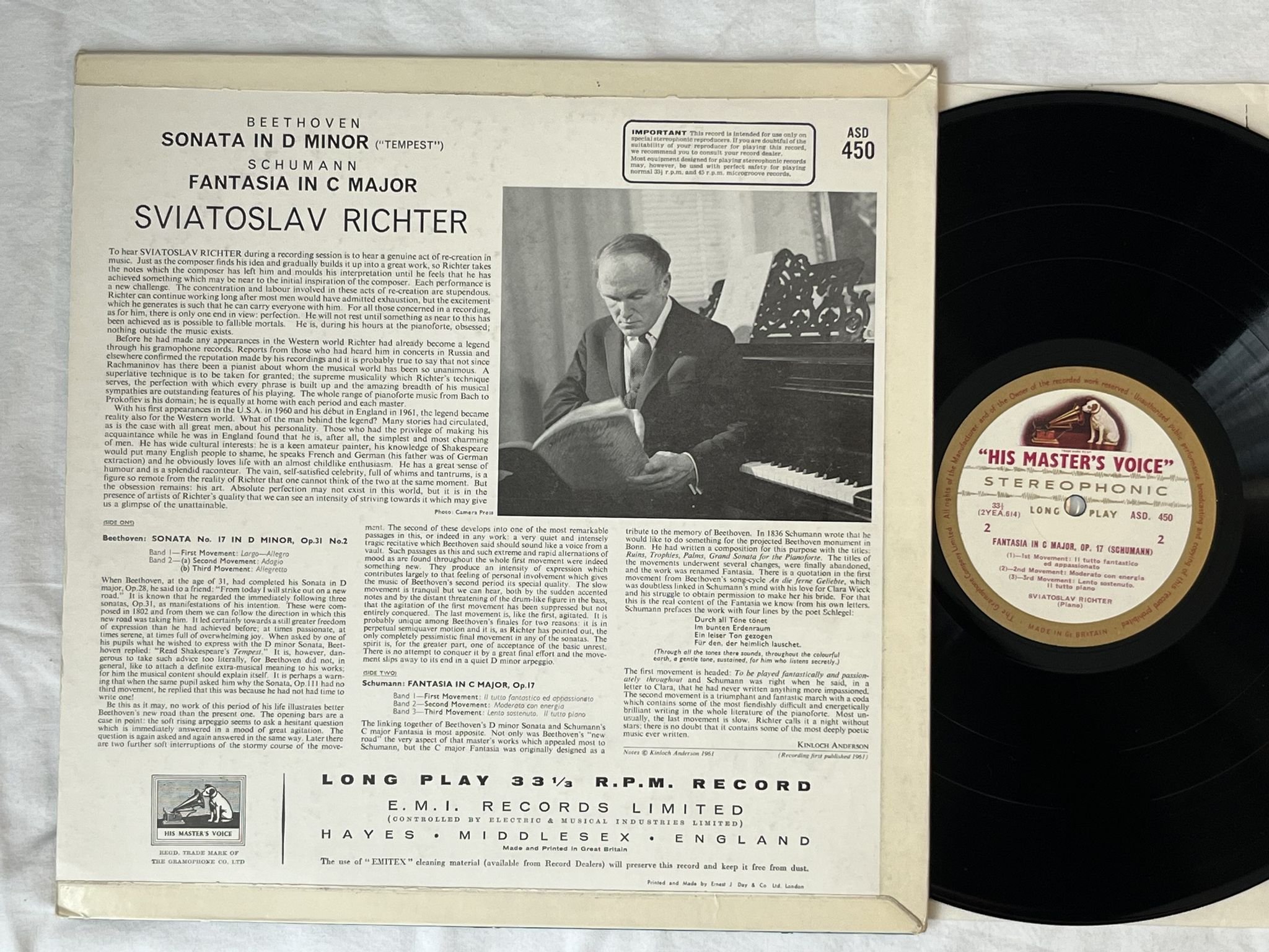 Omslagsbild för skivan RICHTER Schumann: fantasia in C major op 17 LP -61 UK HMV ASD 450
