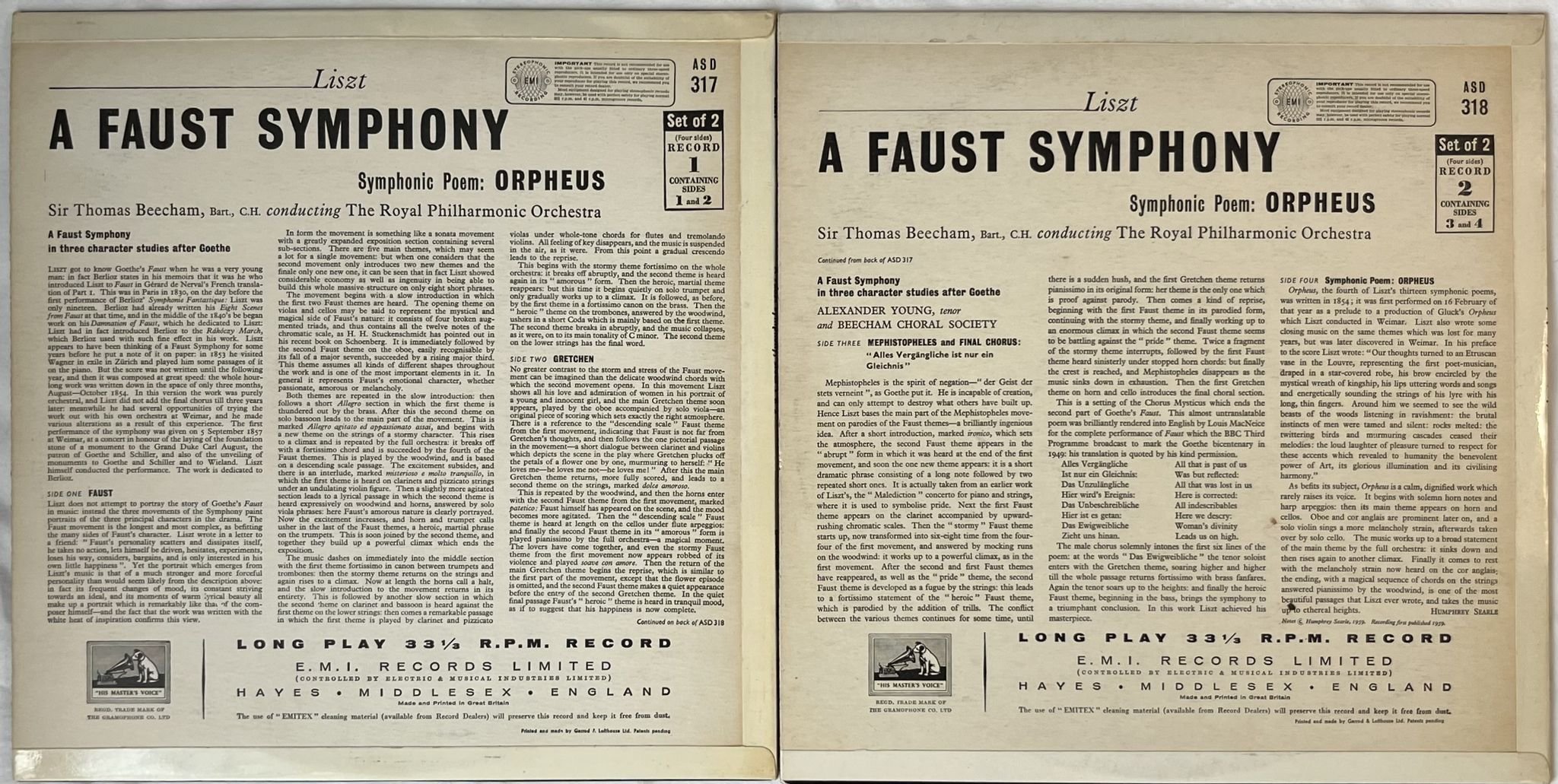 Omslagsbild för skivan BEECHAM Liszt: The Faust symphony 2xLP both volumes -60 UK HMV ASD 317/18