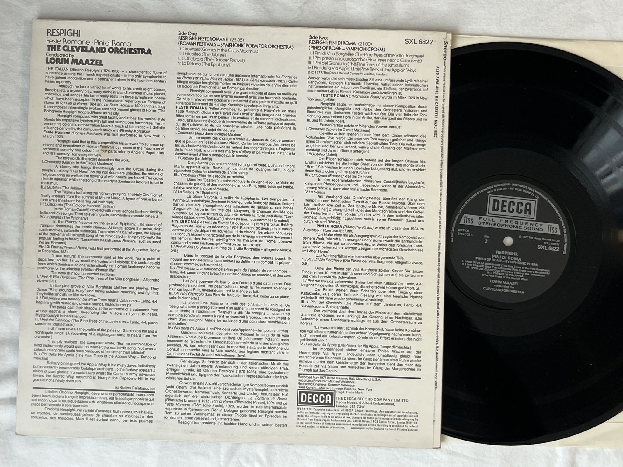 Omslagsbild för skivan MAAZEL Respighi: pini di Roma LP -77 UK DECCA SXL 6822