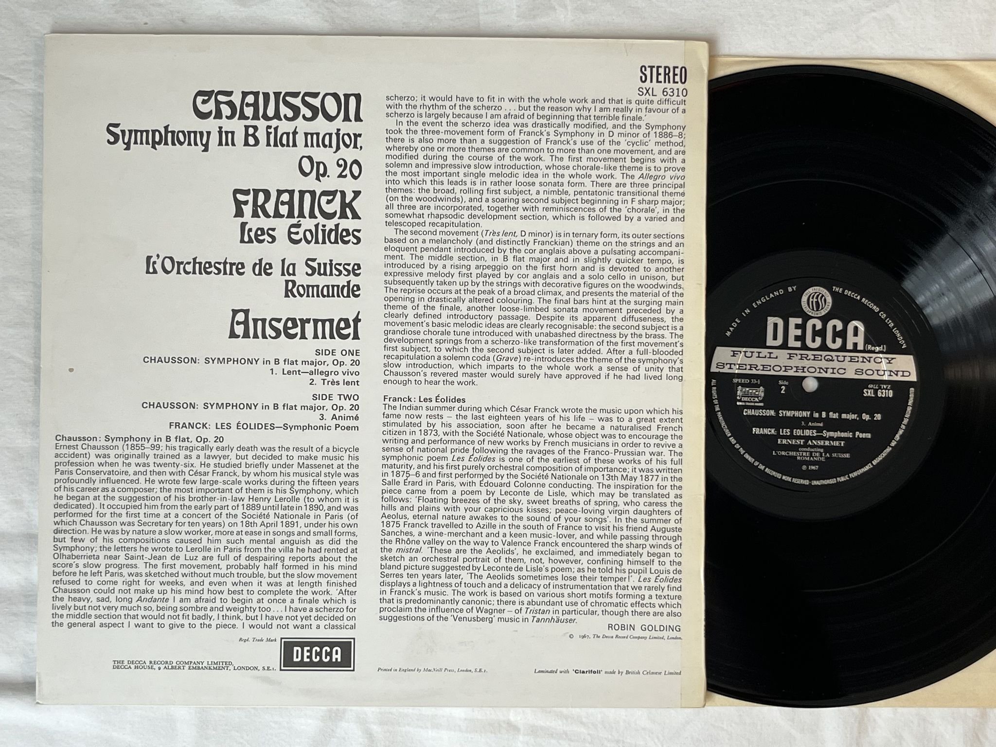 Omslagsbild för skivan ERNEST ANSERMET Chausson: symphony in B flat LP -67 UK DECCA SXL 6310