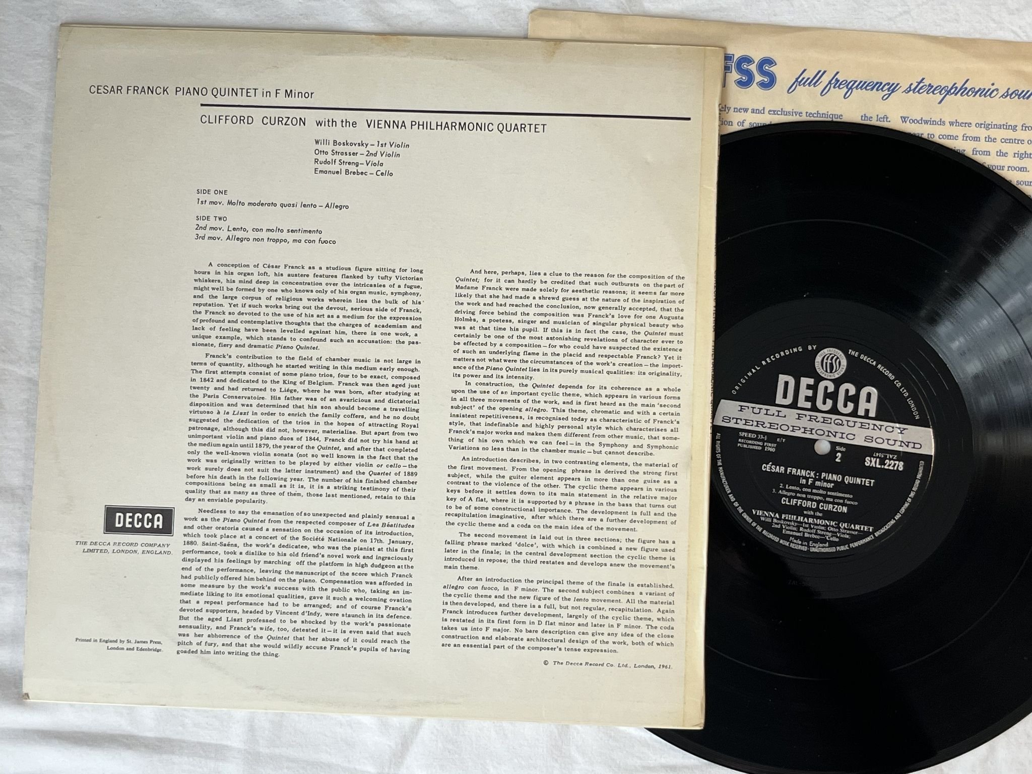 Omslagsbild för skivan CURZON franck: piano quintet in F minor LP -61 UK DECCA SXL 2278