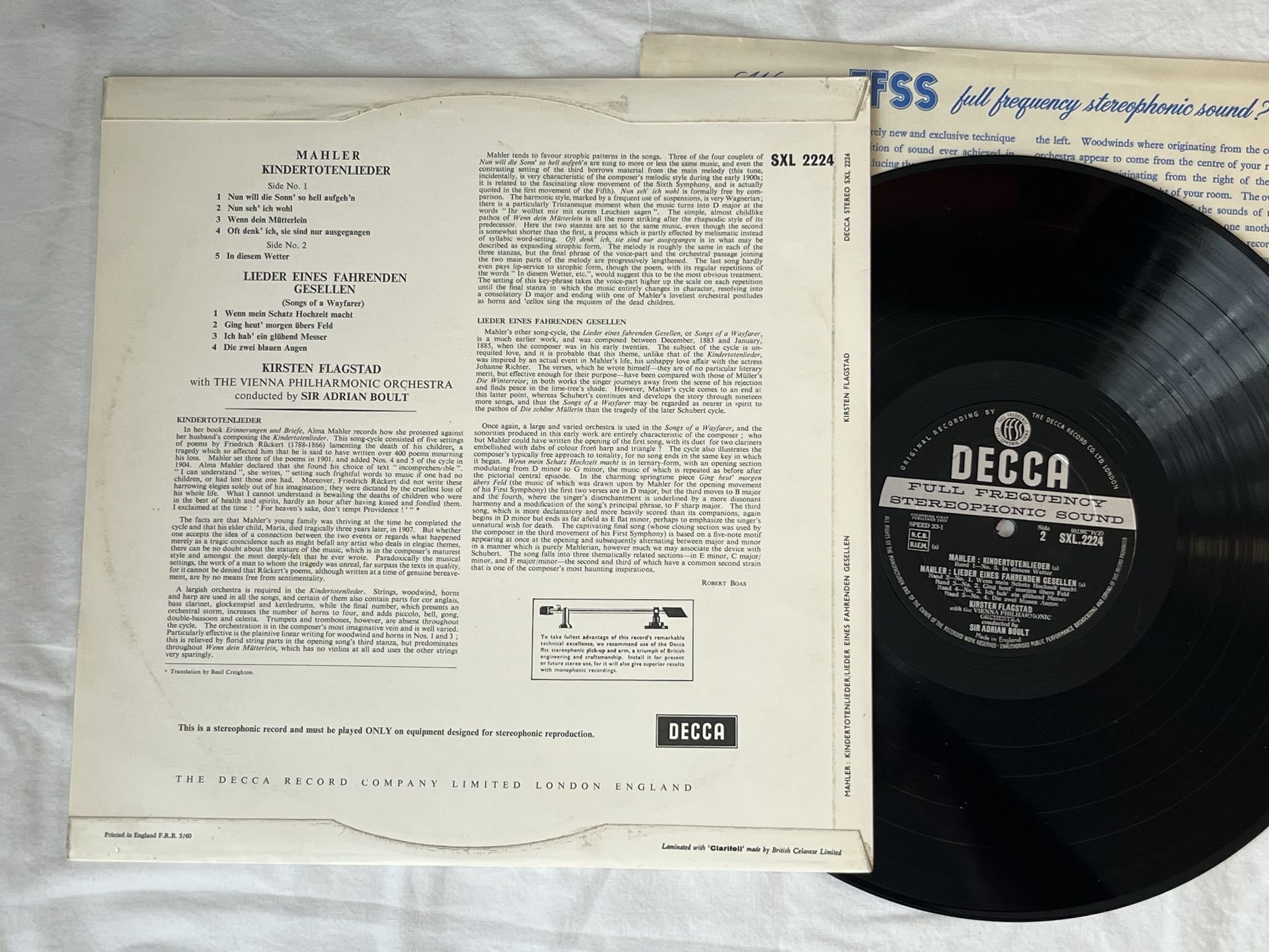 Omslagsbild för skivan KIRSTEN FLAGSTAD mahler: Kindertotenlieder LP -60 UK DECCA SXL 2224