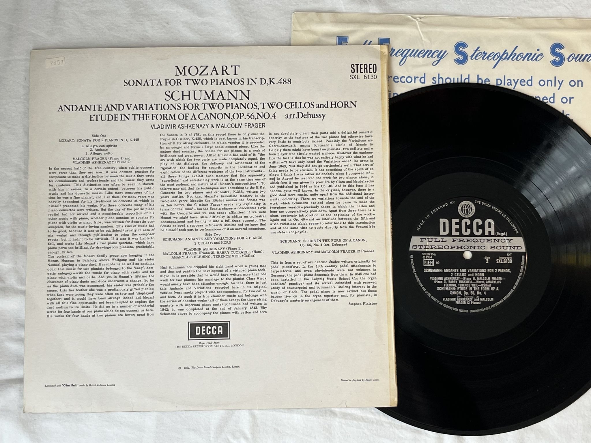 Omslagsbild för skivan ASHKENAZY Mozart: Sonata for two pianos in D K448 LP -64 UK DECCA SXL 6130