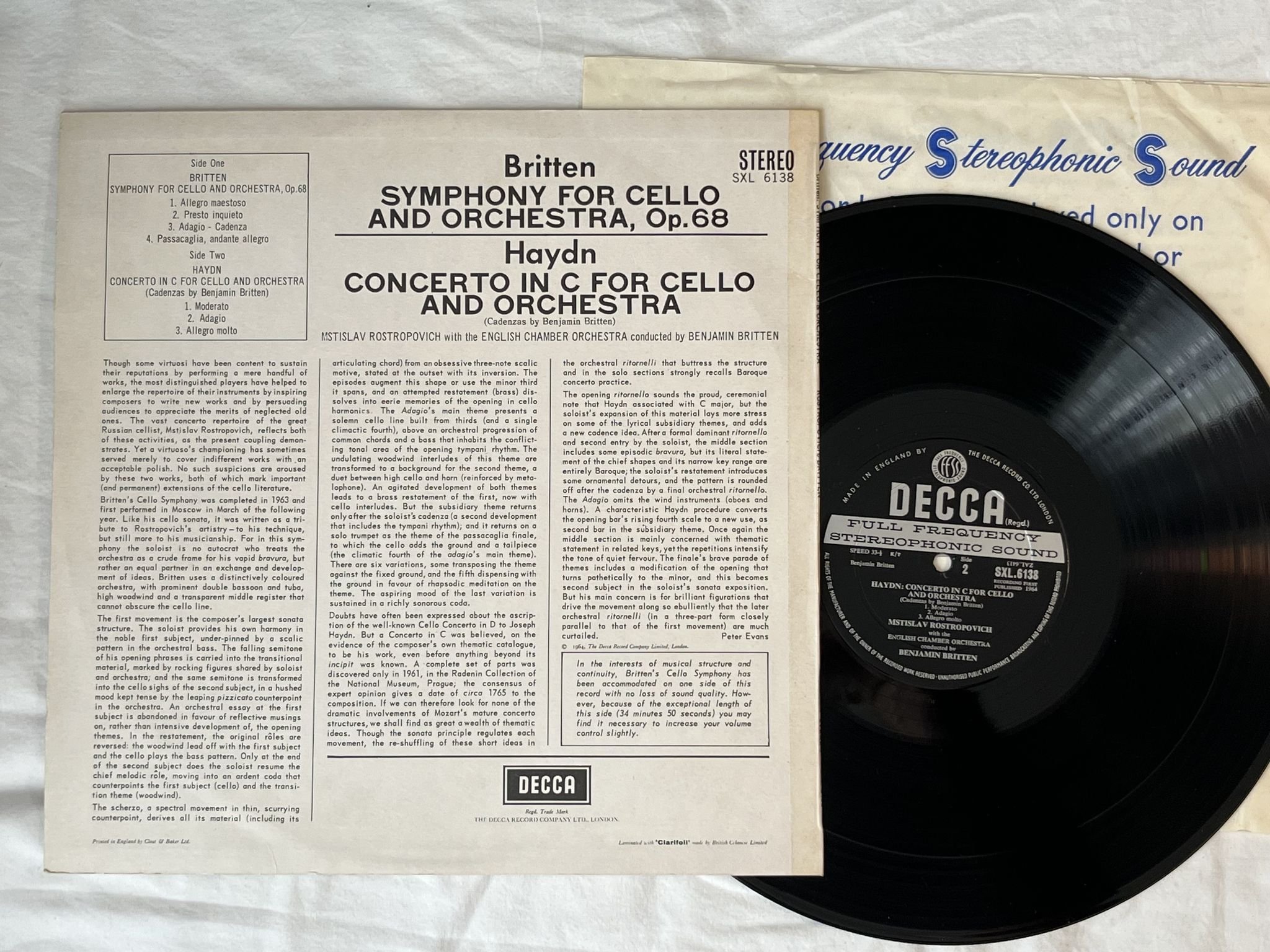 Omslagsbild för skivan ROSTROPOVICH / BRITTEN Haydn: concerto for cello LP ED2 UK DECCA SXL 6138