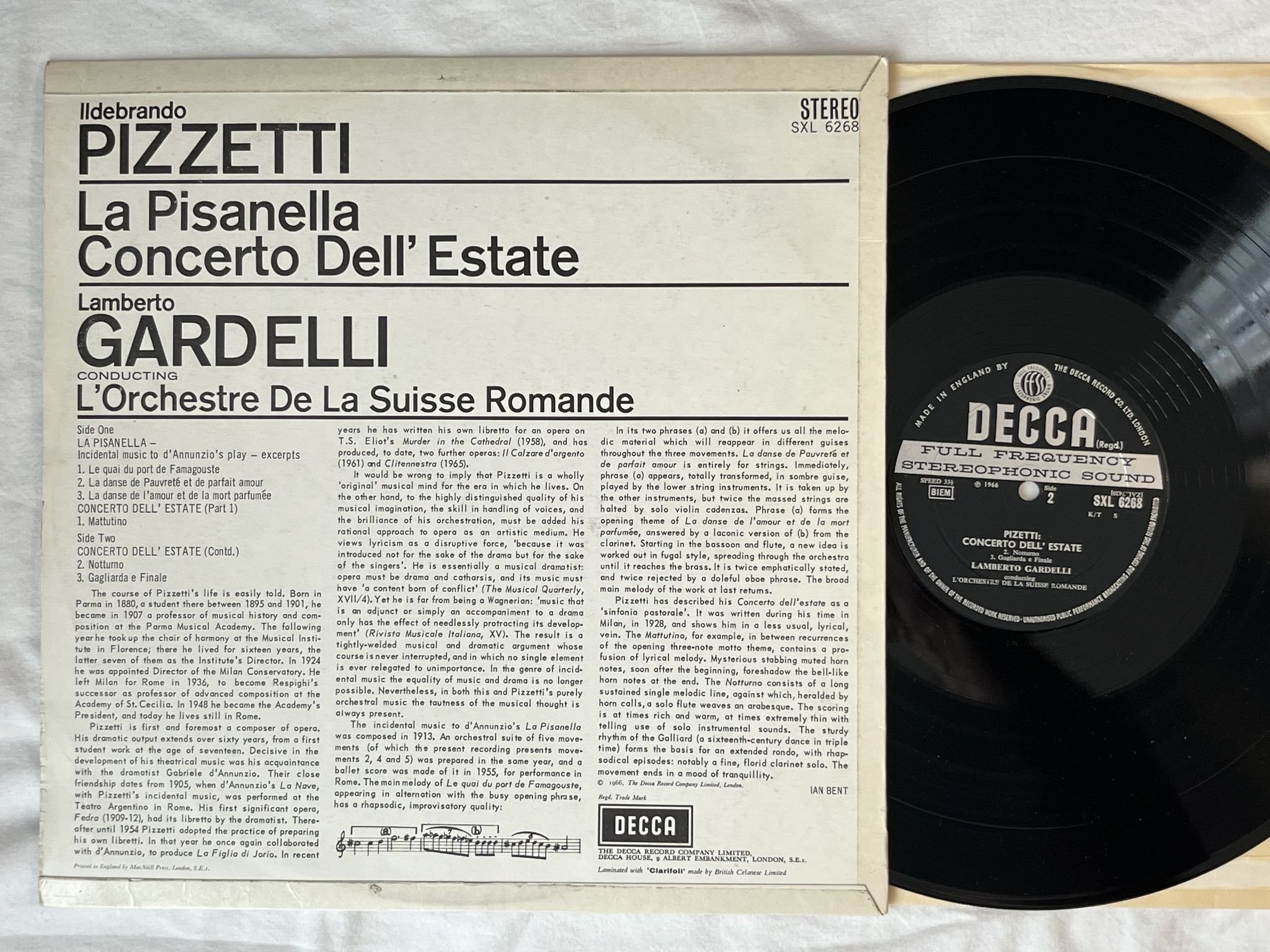 Omslagsbild för skivan GARDELLI Pizzetti: la pisanella LP -66 UK DECCA SXL 6268