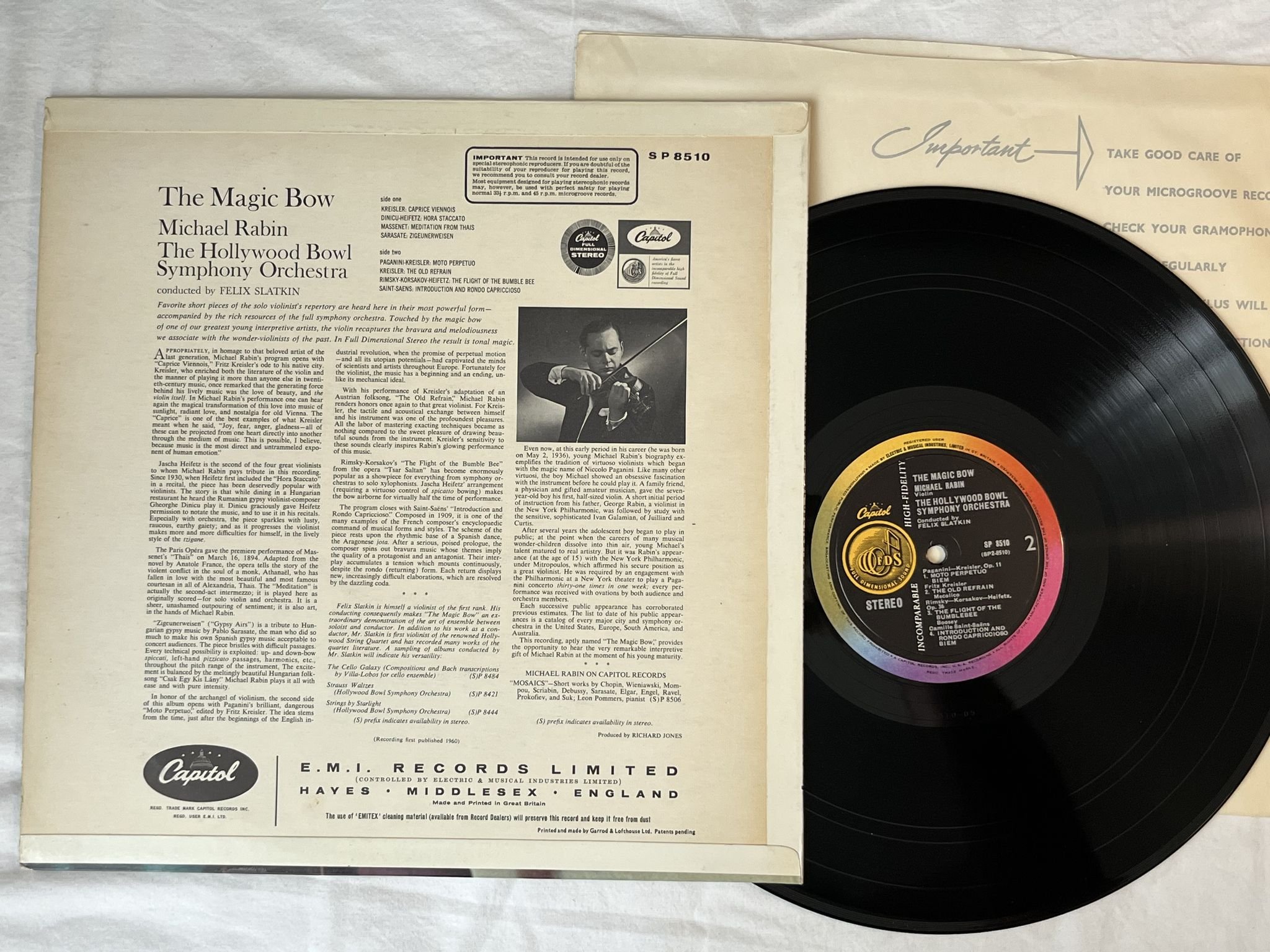 Omslagsbild för skivan MICHAEL RABIN The magic bow LP -60 UK rainbow rim CAPITOL SP 8510 * MEGA RARE *