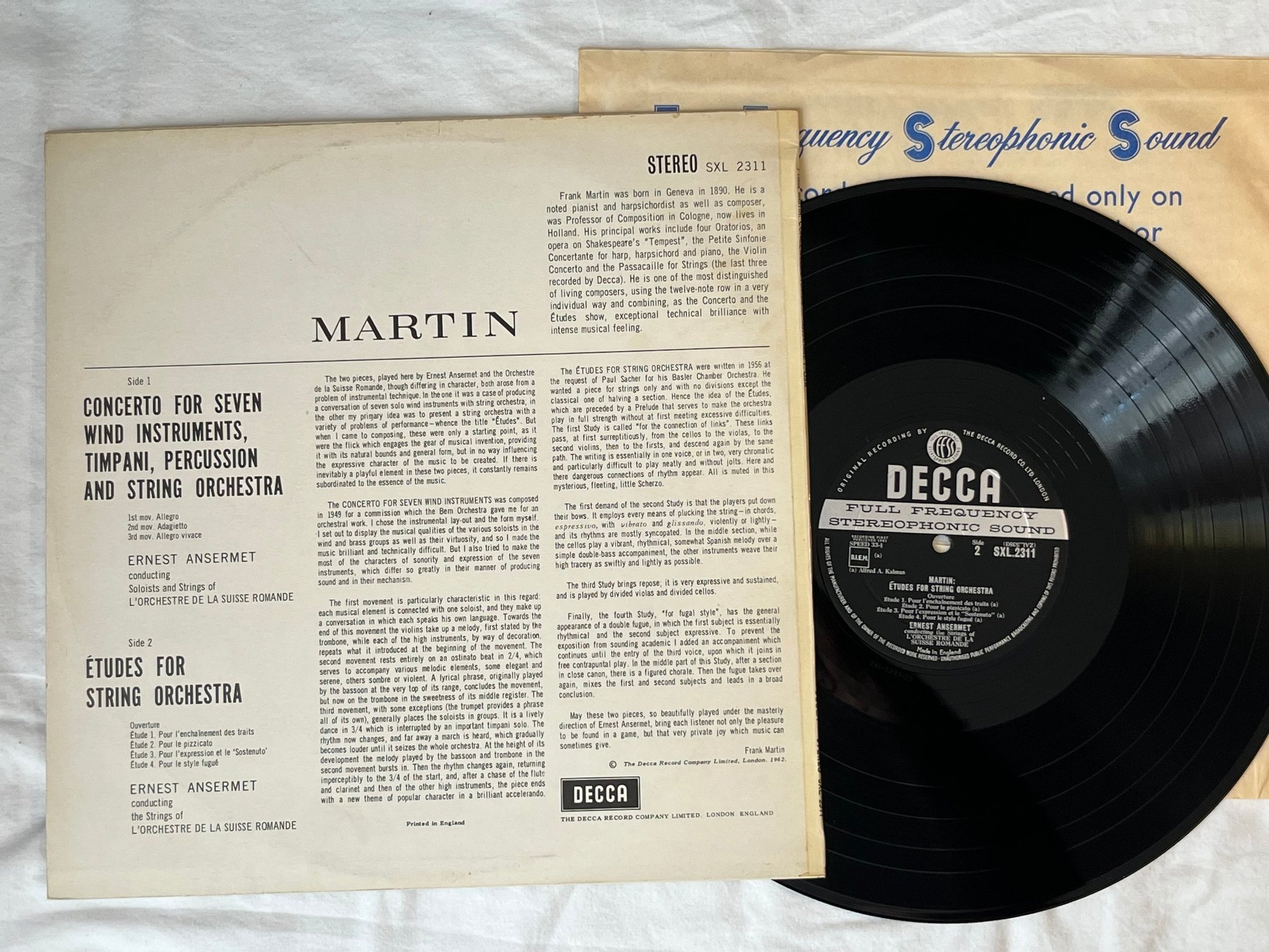 Omslagsbild för skivan ERNEST ANSERMET Martin: Concerto and etudes LP -61 UK DECCA SXL 2311