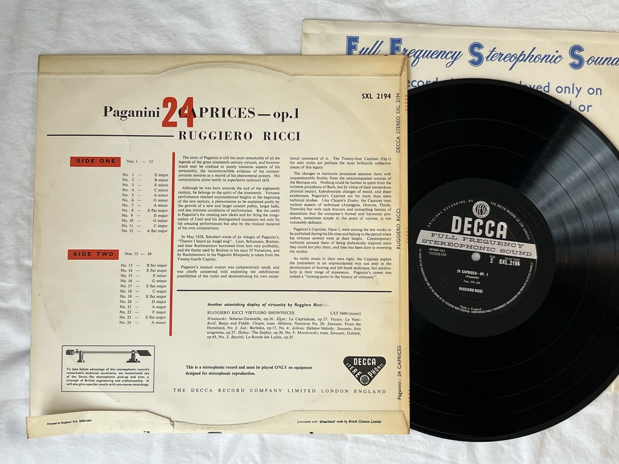 Omslagsbild för skivan RUGGERIO RICCI Paganini: 24 caprices LP -60 UK DECCA SXL 2194 ** Red Letters **
