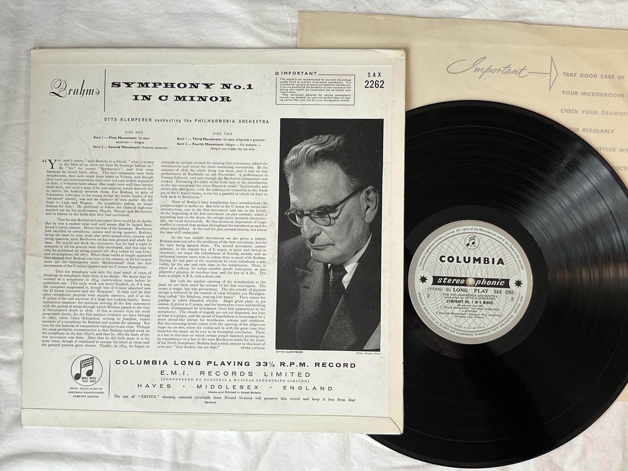 Omslagsbild för skivan KLEMPERER Brahms: Symphony No. 1 In C Minor LP -58 UK COLUMBIA SAX 2262