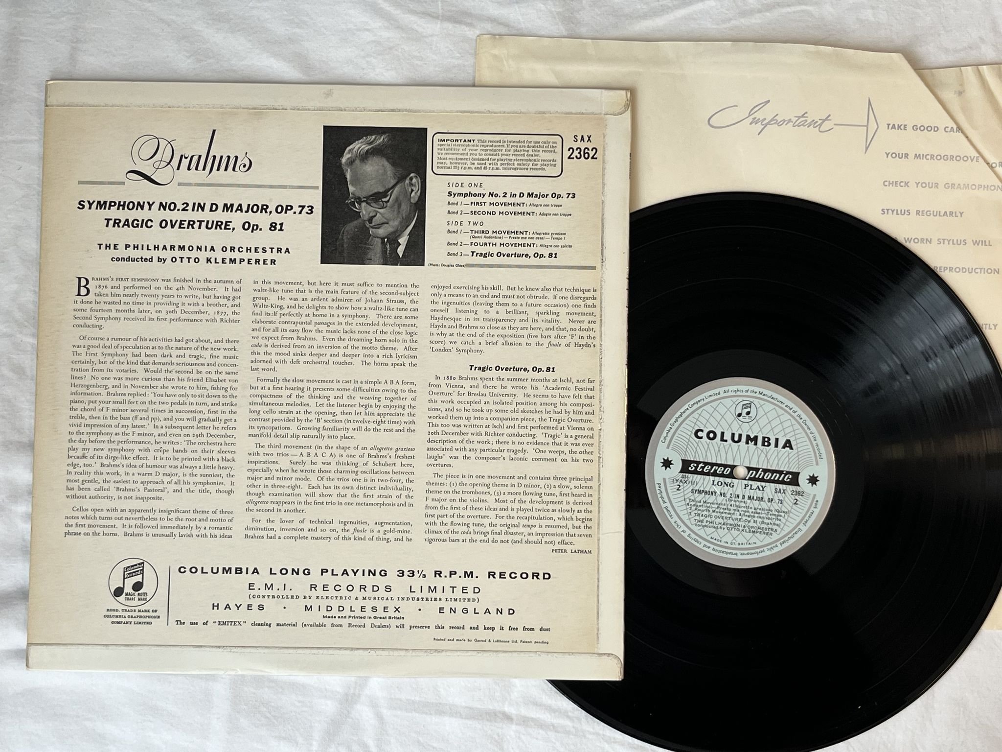 Omslagsbild för skivan KLEMPERER Brahms: Symphony No 2 In D Major LP -61 UK COLUMBIA SAX 2262
