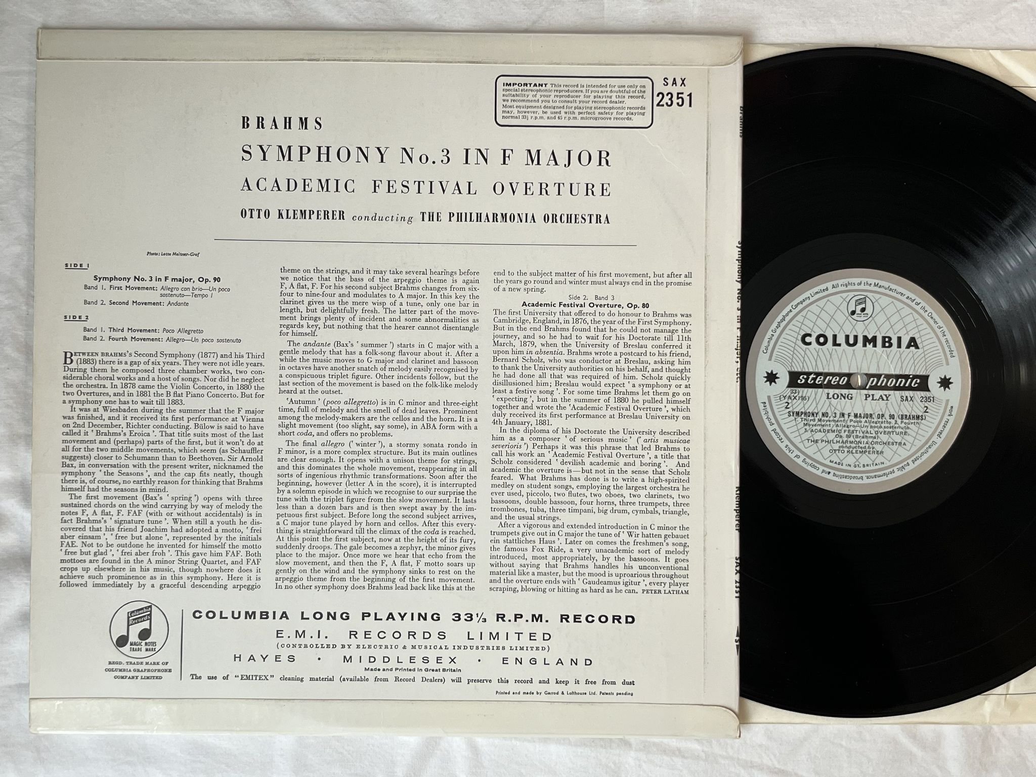 Omslagsbild för skivan KLEMPERER Brahms: Symphony No.3 In F Major LP -61 UK COLUMBIA SAX 2351