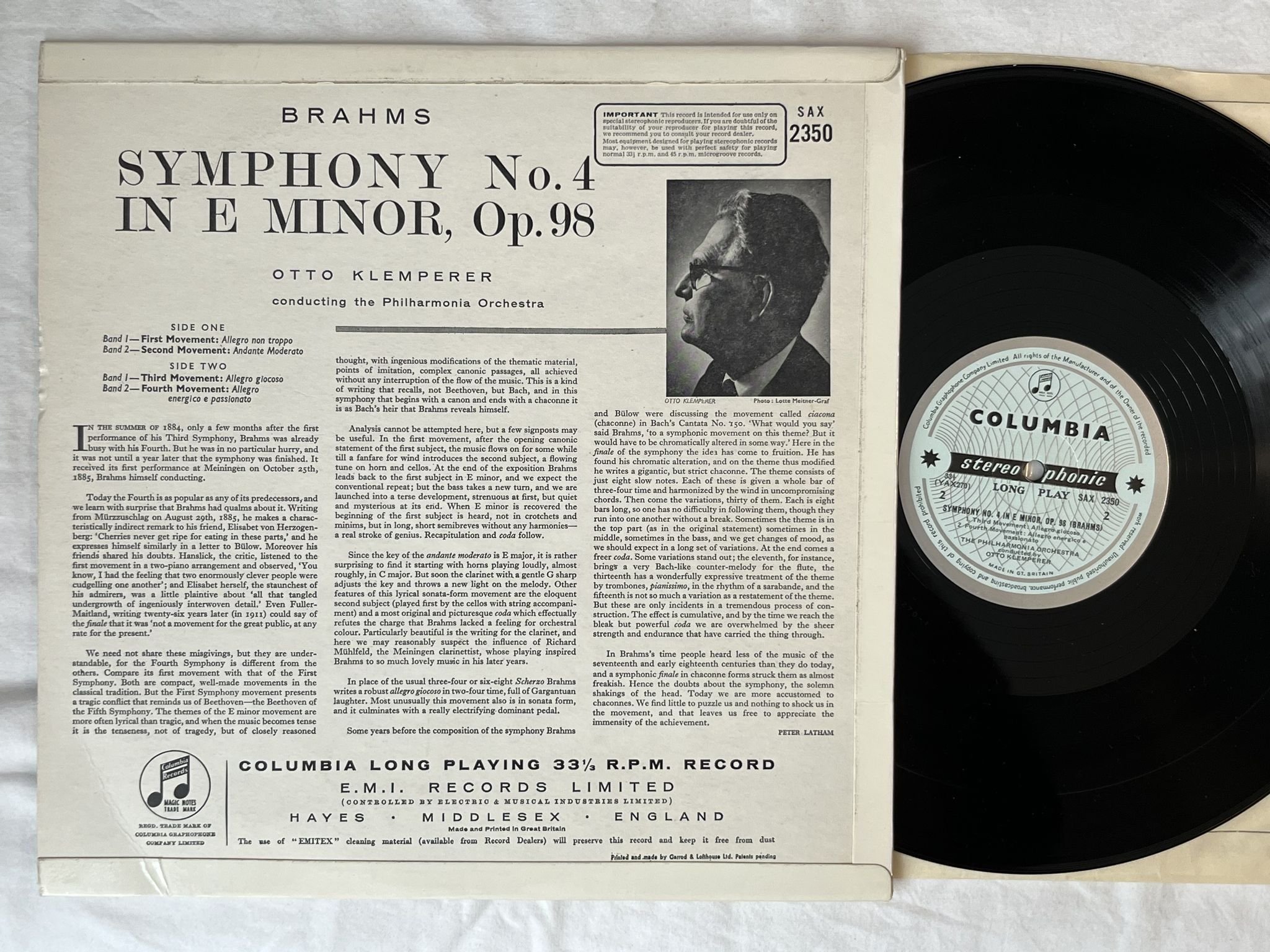 Omslagsbild för skivan KLEMPERER Brahms: Symphony No.4 In E Minor LP -60 UK COLUMBIA SAX 2350