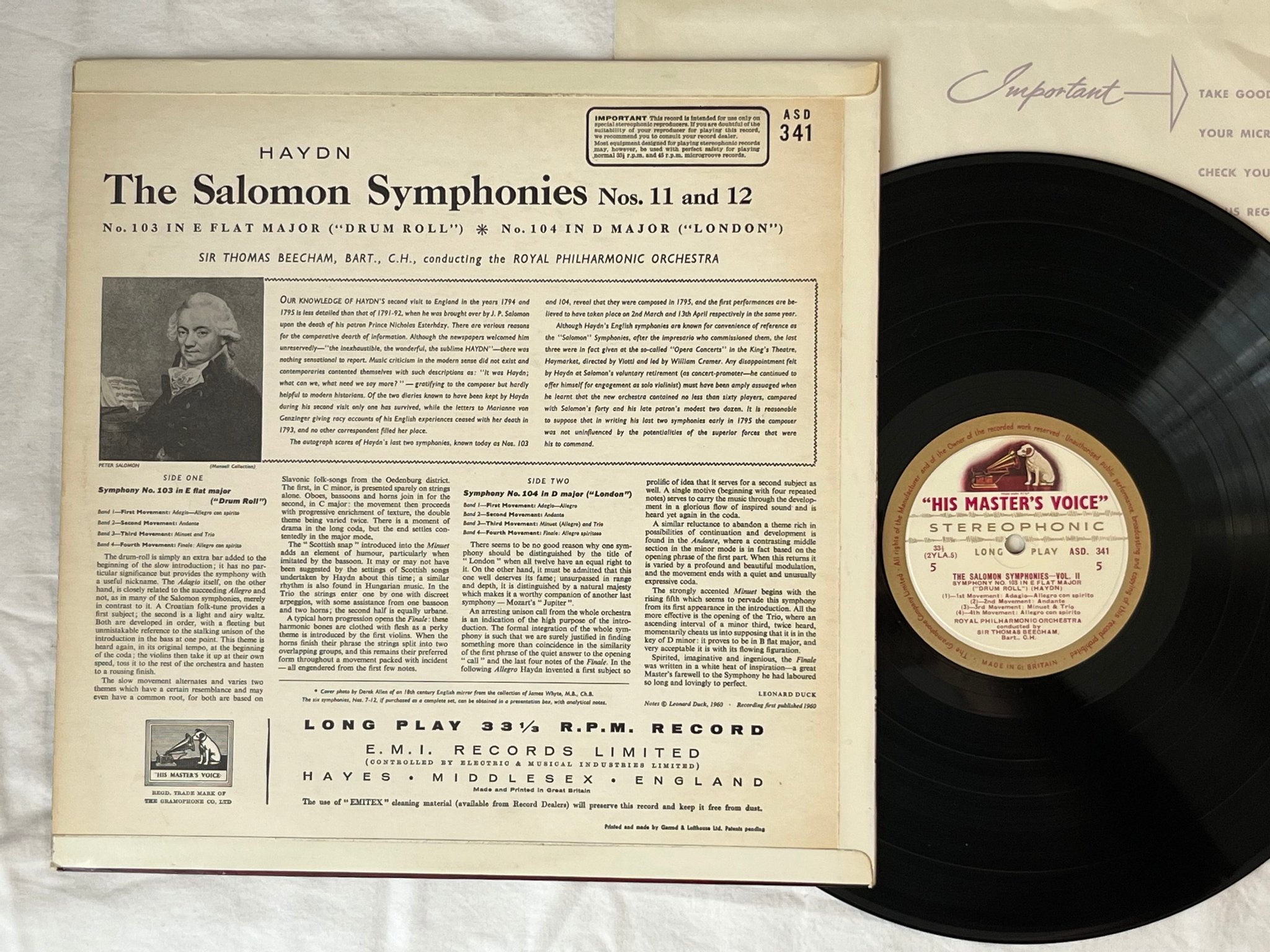 Omslagsbild för skivan BEECHAM Haydn: The Salomon Symphonies, No. 11-12 LP -60 UK HMV ASD 341
