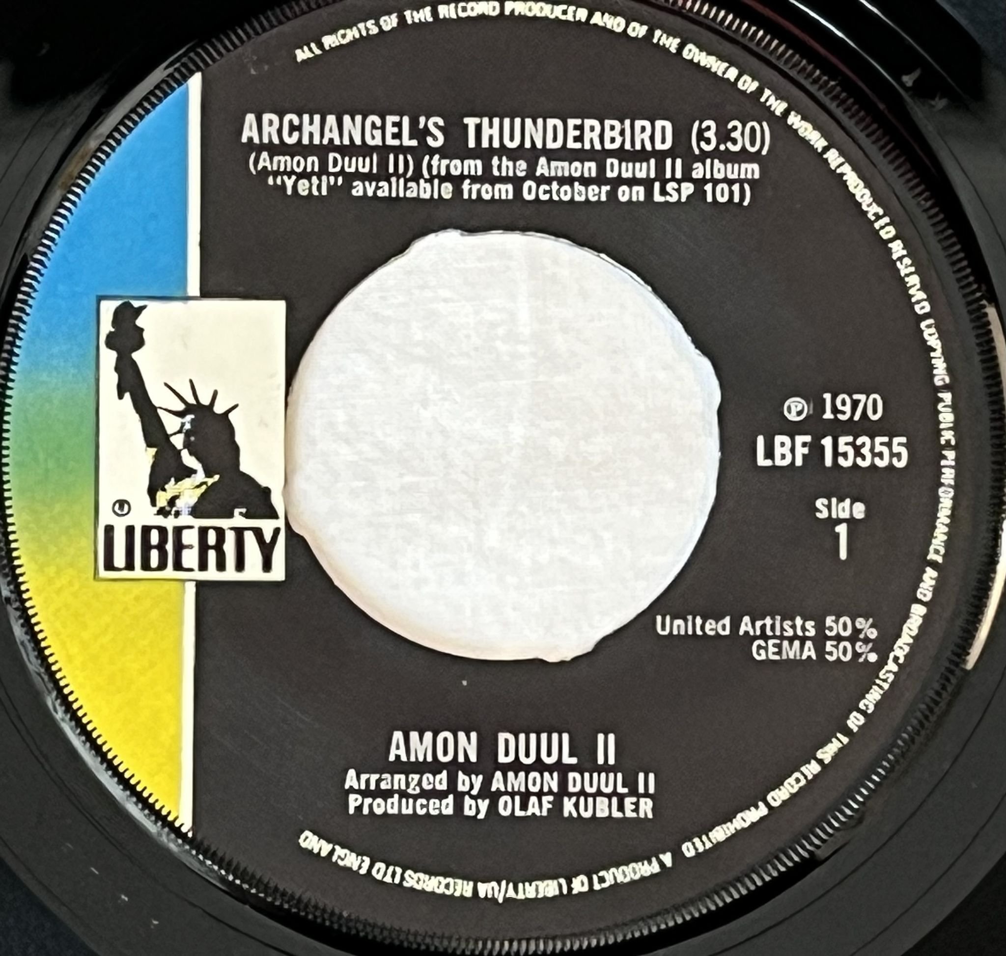 Omslagsbild för skivan AMON DUUL II/ Archangel's Thunderbird "7"Single-70 UK LBF 15355 LIBERTY RECORDS