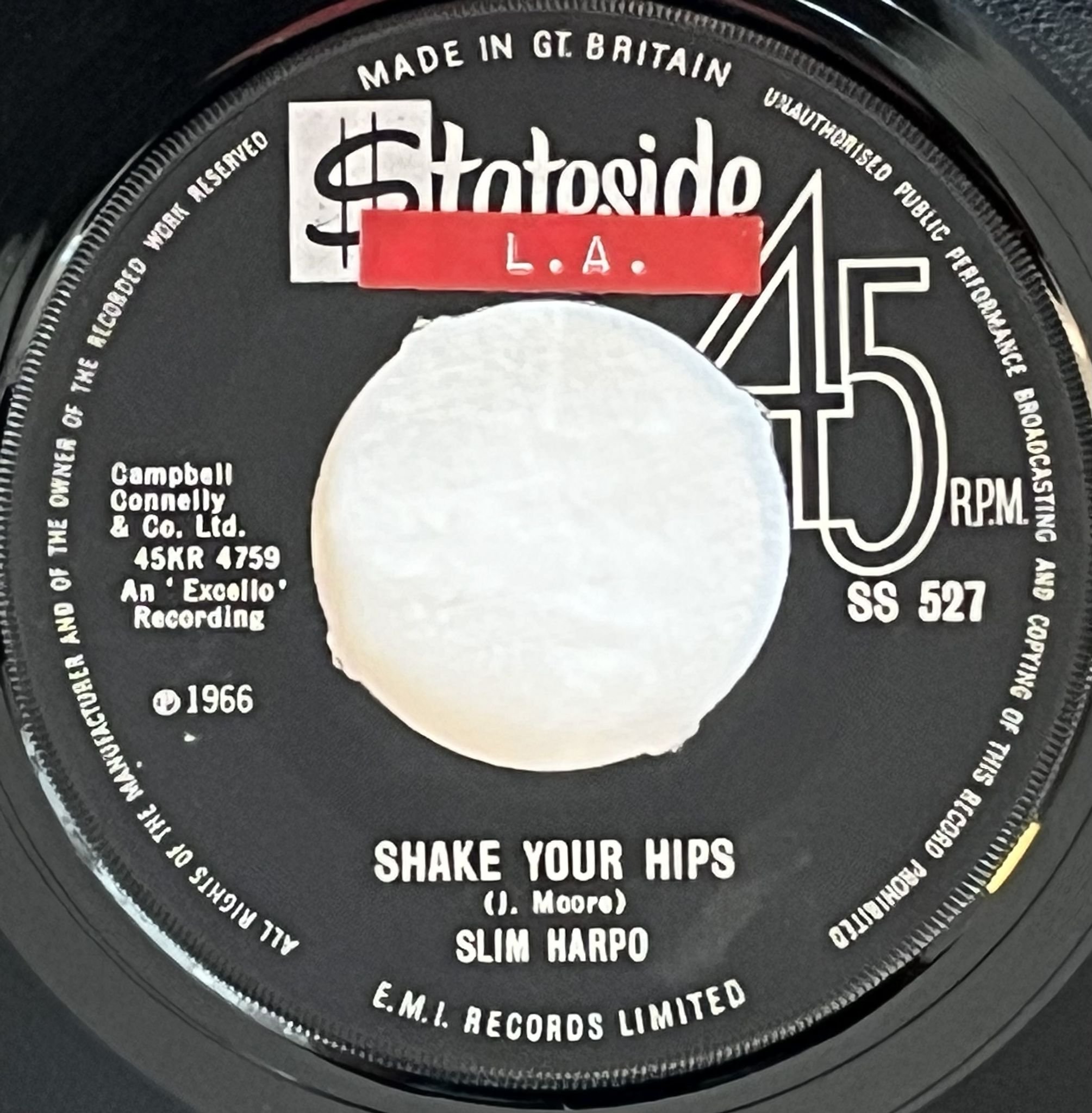 Omslagsbild för skivan SLIM HARPO midnight blues "7"Single-66 UK SS 527 STATESIDE