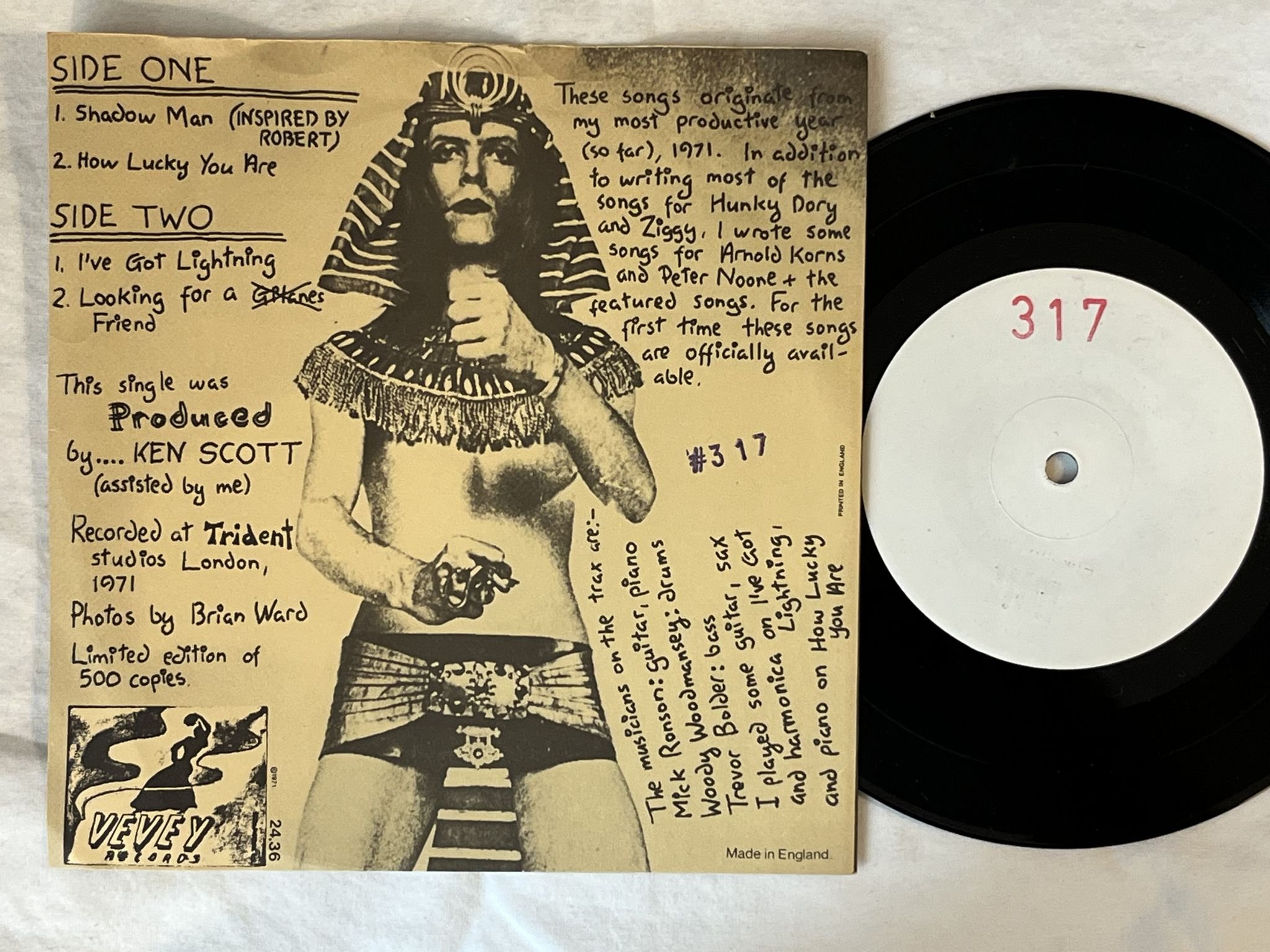 Omslagsbild för skivan DAVID BOWIE shadow man "7"Single- 71 UK 317 VEVEY RECORDS