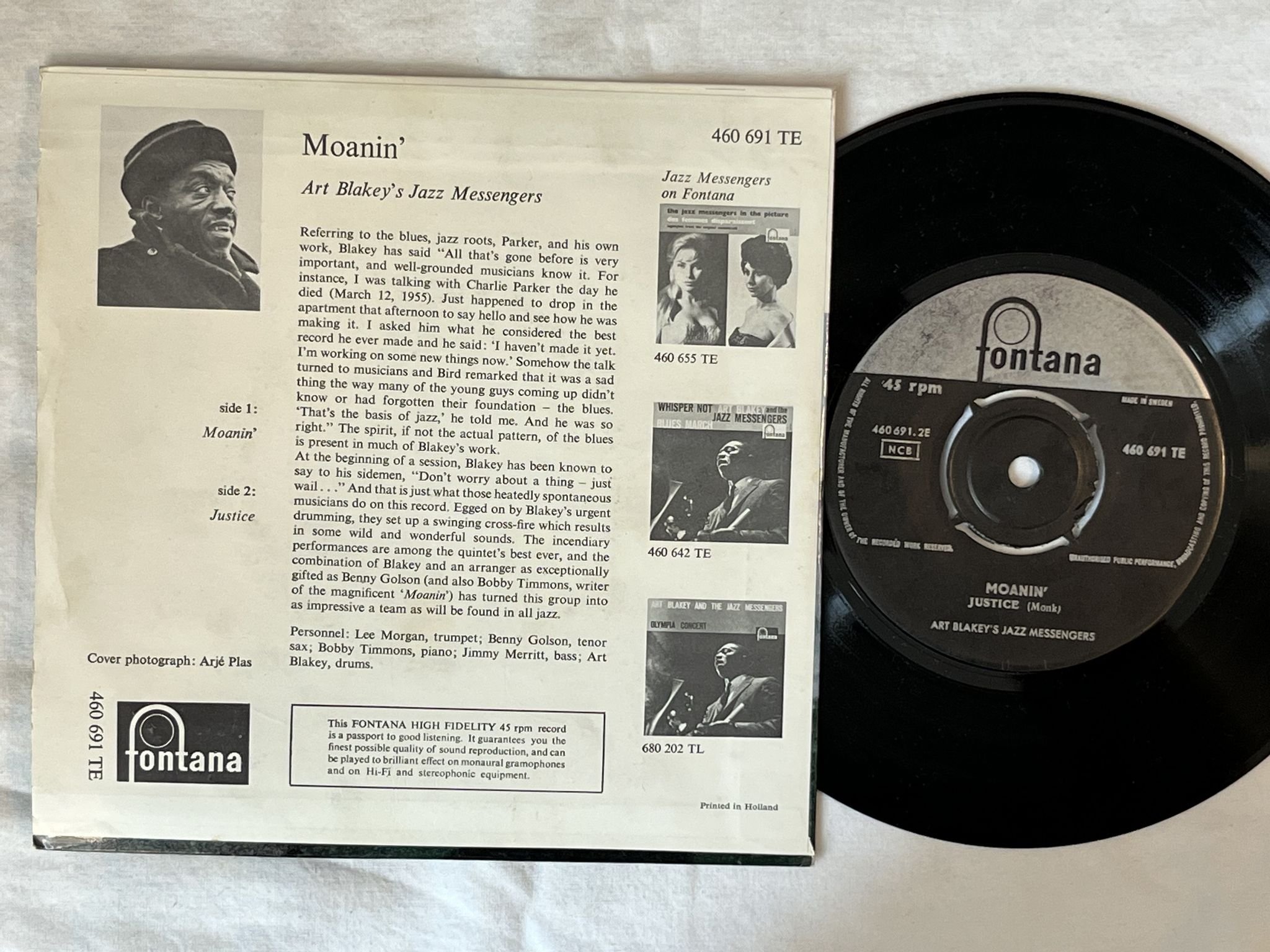 Omslagsbild för skivan ART BLAKEY'S JAZZ MESSENGERS moanin / justice "7"Single-60 SWE 460691 TE FONTANA