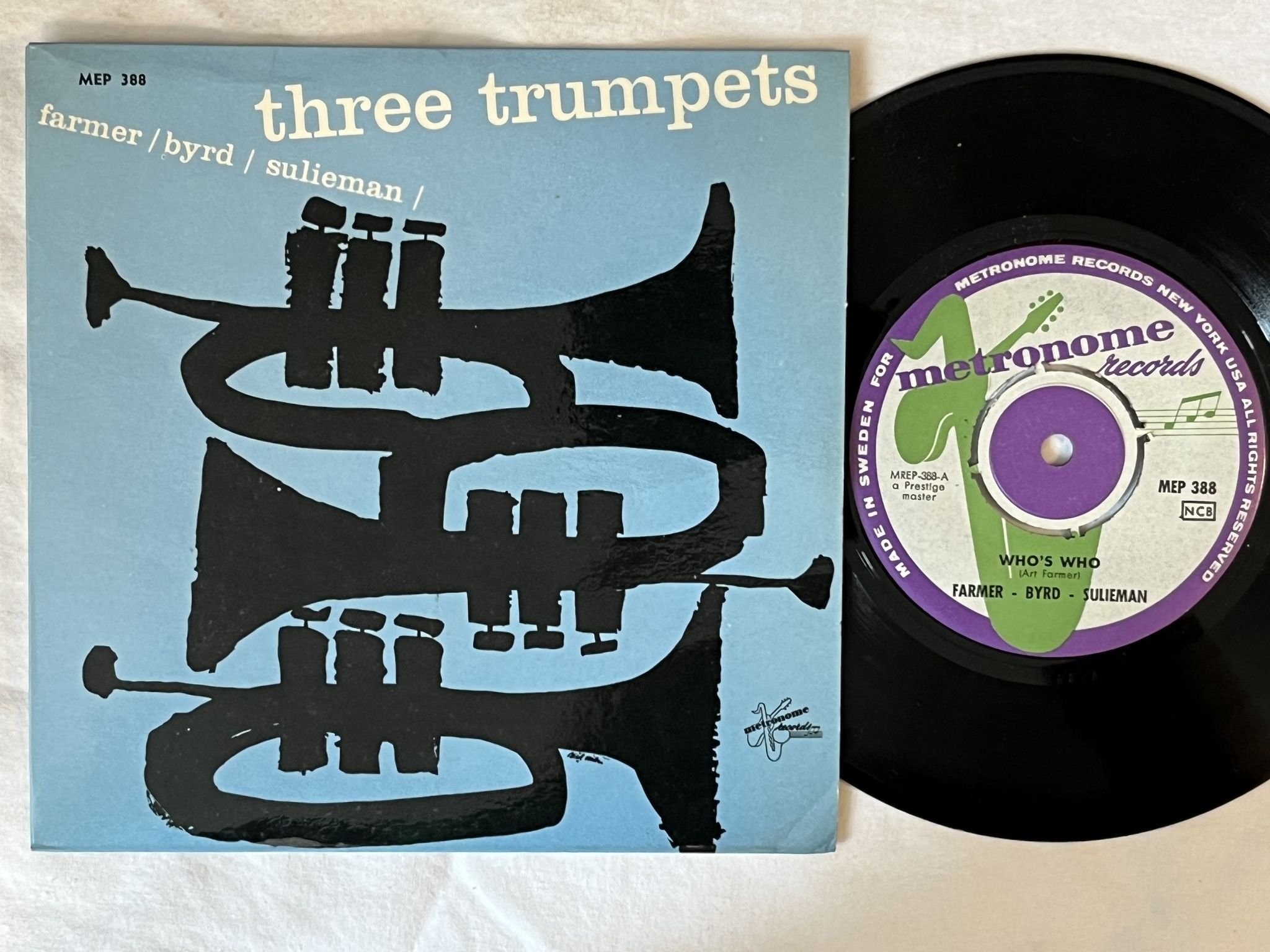 Omslagsbild för skivan FARMER/BYRD/SULIEMAN three trumpets "7"Single-58 SWE MEP 388 METRONOME