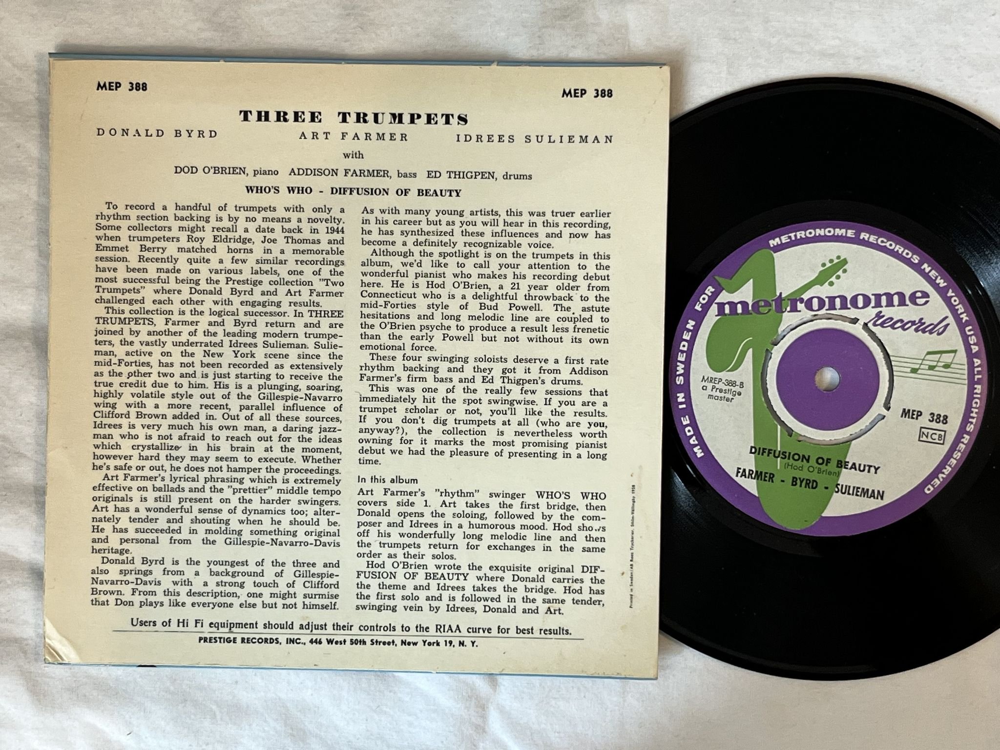 Omslagsbild för skivan FARMER/BYRD/SULIEMAN three trumpets "7"Single-58 SWE MEP 388 METRONOME
