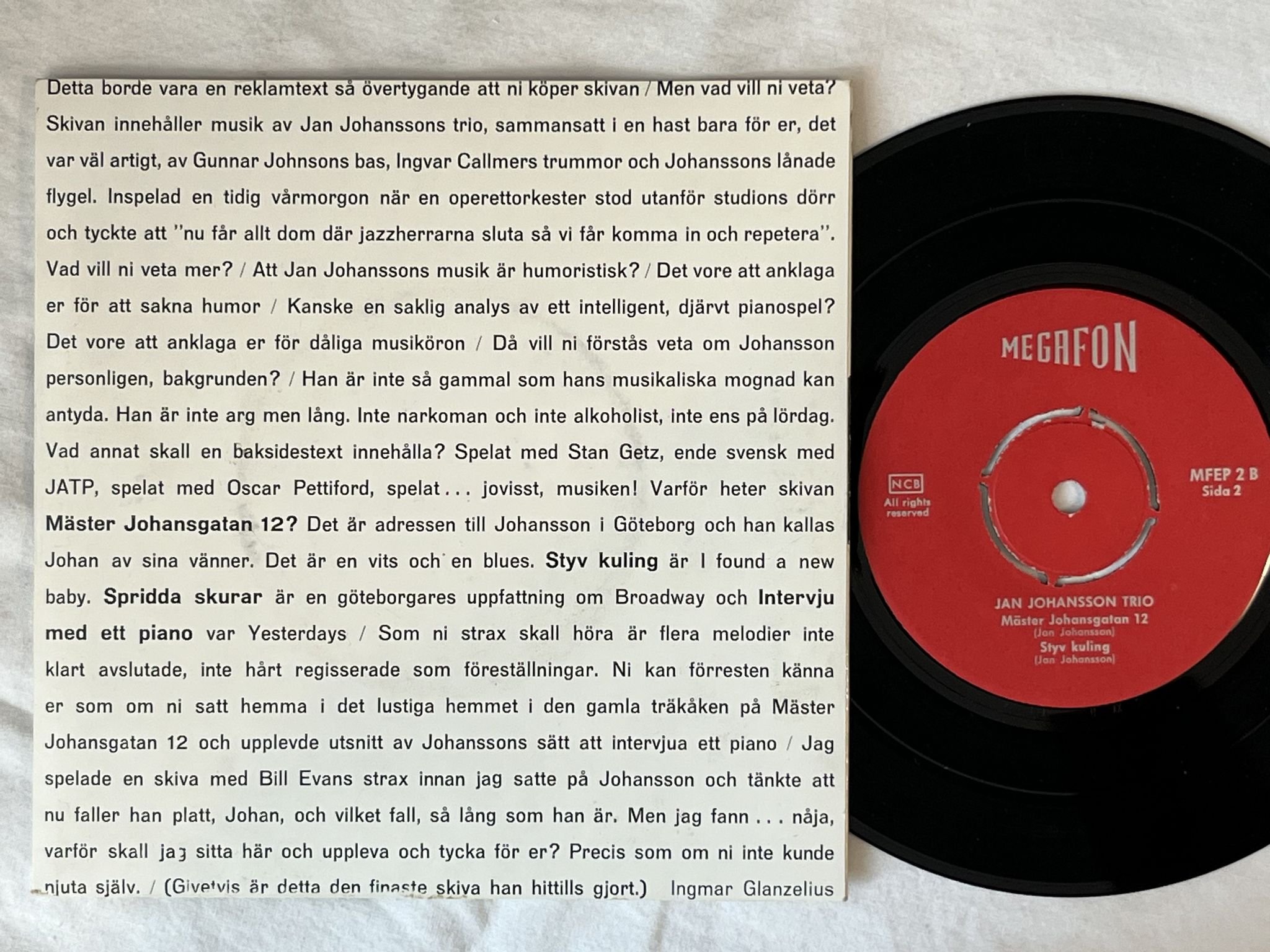 Omslagsbild för skivan JAN JOHANSSONS TRIO mäster johansgatan 12 "7"Single-60 SWE MFEP 2 MEGAFON